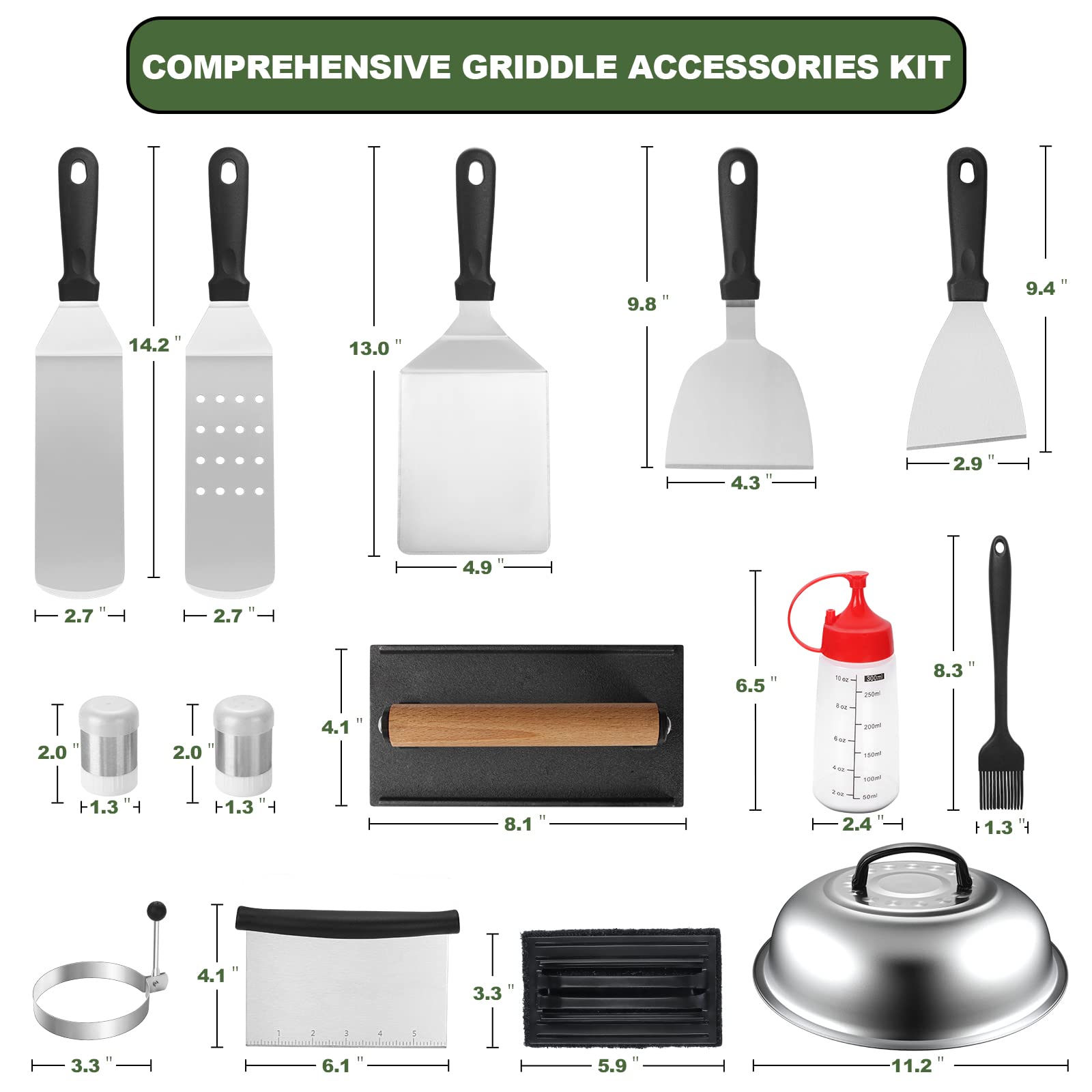 18-Piece Griddle Accessories Kit for Blackstone & Camp Chef Flat Top Grills - Heavy Duty Grill Spatula Set with XL Spatulas, Basting Cover & Scraper - Perfect for Outdoor BBQ, Camping & Backyard Cooking