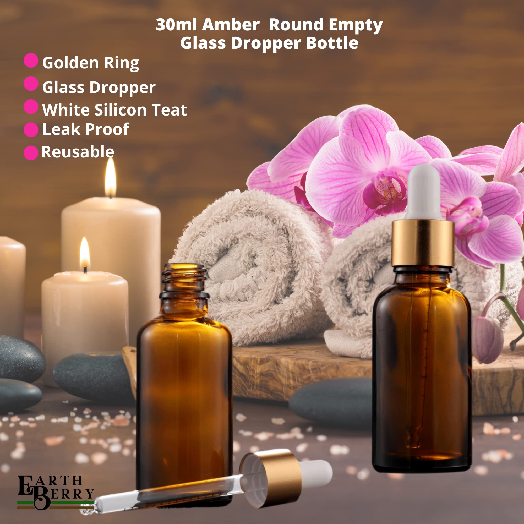 EARTH BERRY 30ml/g Amber Glass Dropper Bottles with Golden Plating & White Silicone Cap - 4 Pack | Premium Empty Glass Containers for Essential Oils, CBD, Tinctures & DIY Beauty Products | Perfect for Home, Lab & Travel Use