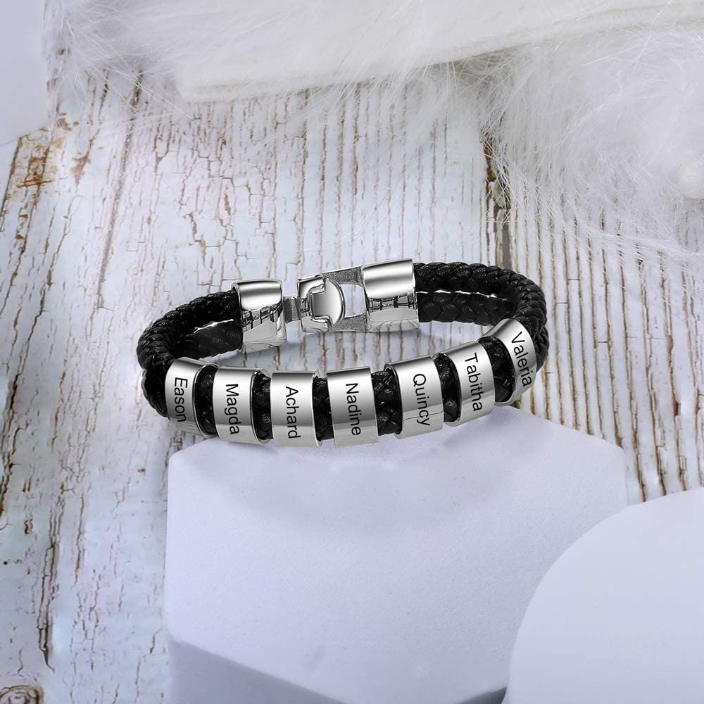 Custom Personalized Men's Leather Bracelet - Black Braided Name ID Bracelet with 1-8 Engraved Beads | Stylish Gift for Boyfriend, Husband, Father | Perfect for Weddings, Anniversaries & Everyday Wear