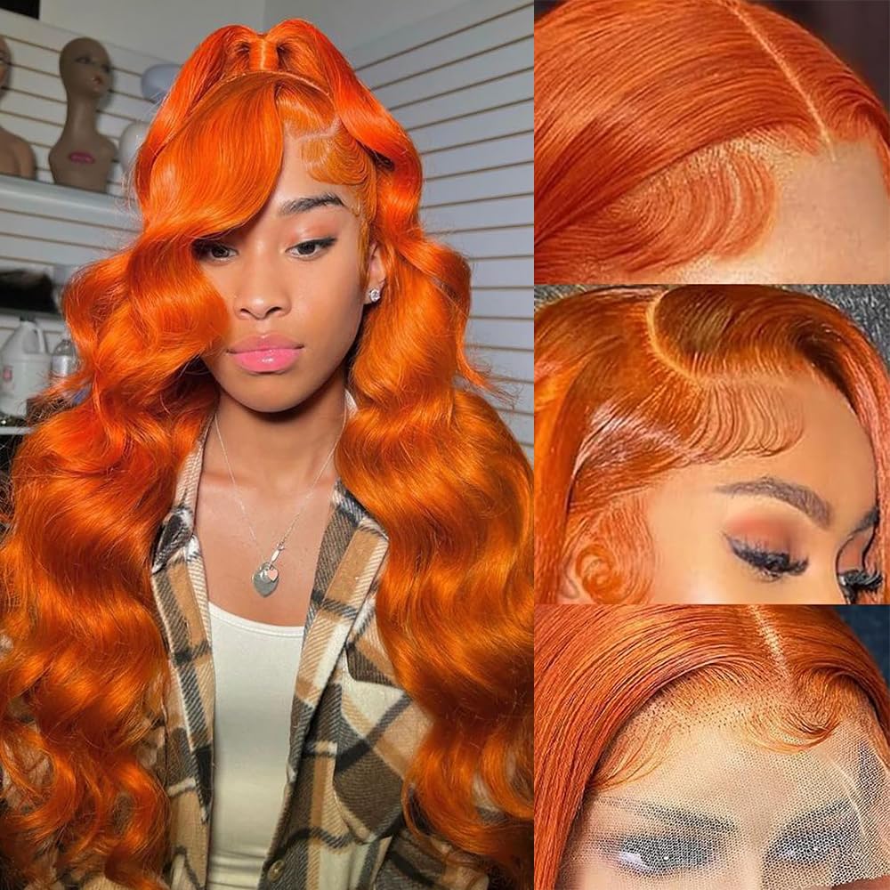 13x4 Ginger Lace Front Wig Human Hair - 28 Inch Pre Plucked Orange Body Wave HD Lace Frontal Wig for Women - 180% Density Glueless Human Hair Wig - Perfect for Cosplay, Daily Wear & Special Occasions