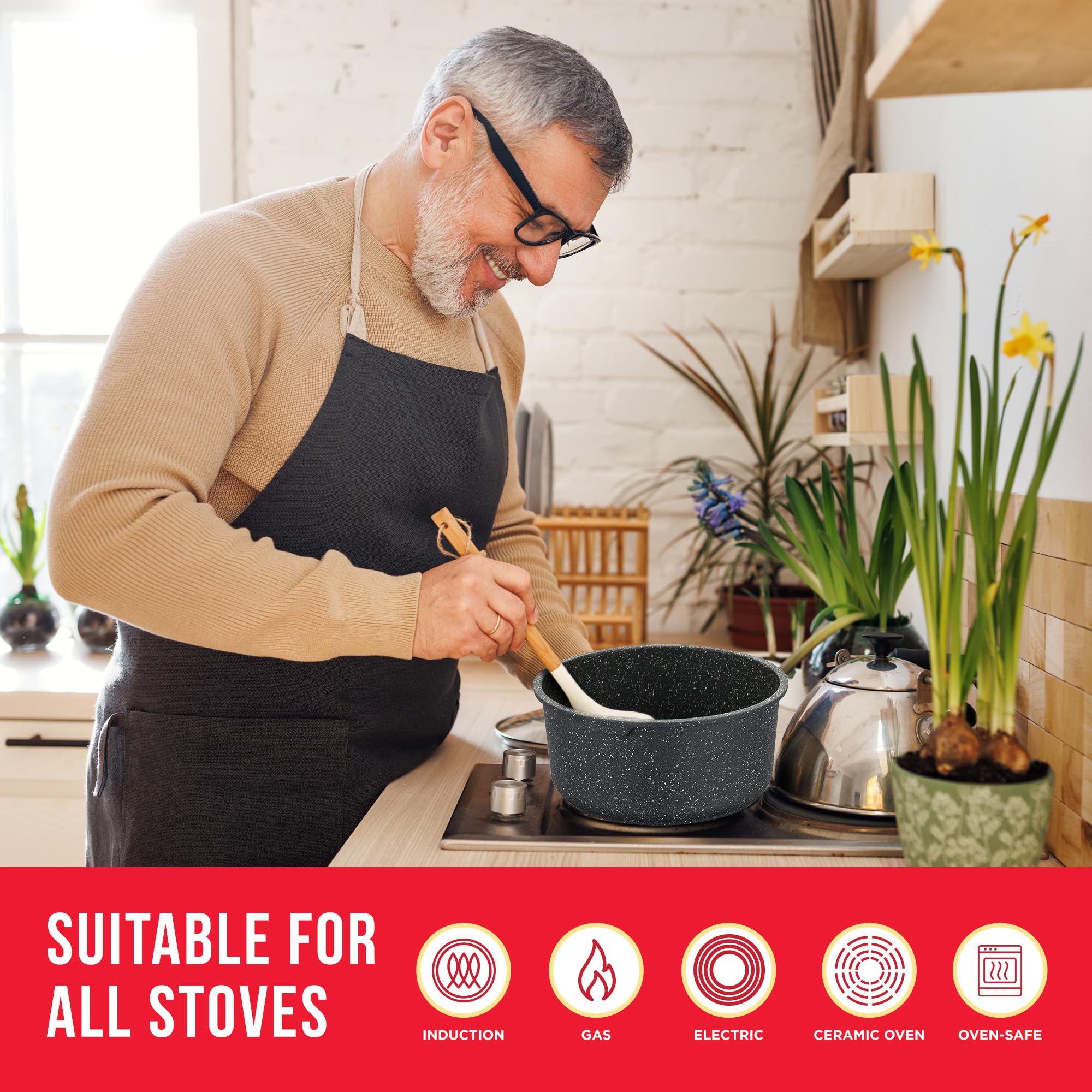 Premium 15-Piece Non-Stick Cookware Set with Removable Handles - Granite Coated Stackable Pots & Pans, Oven & Dishwasher Safe, Induction Compatible for Gas, Electric & Ceramic Stoves - Perfect for Family Cooking, Meal Prep & Everyday Kitchen Use - Black Granite
