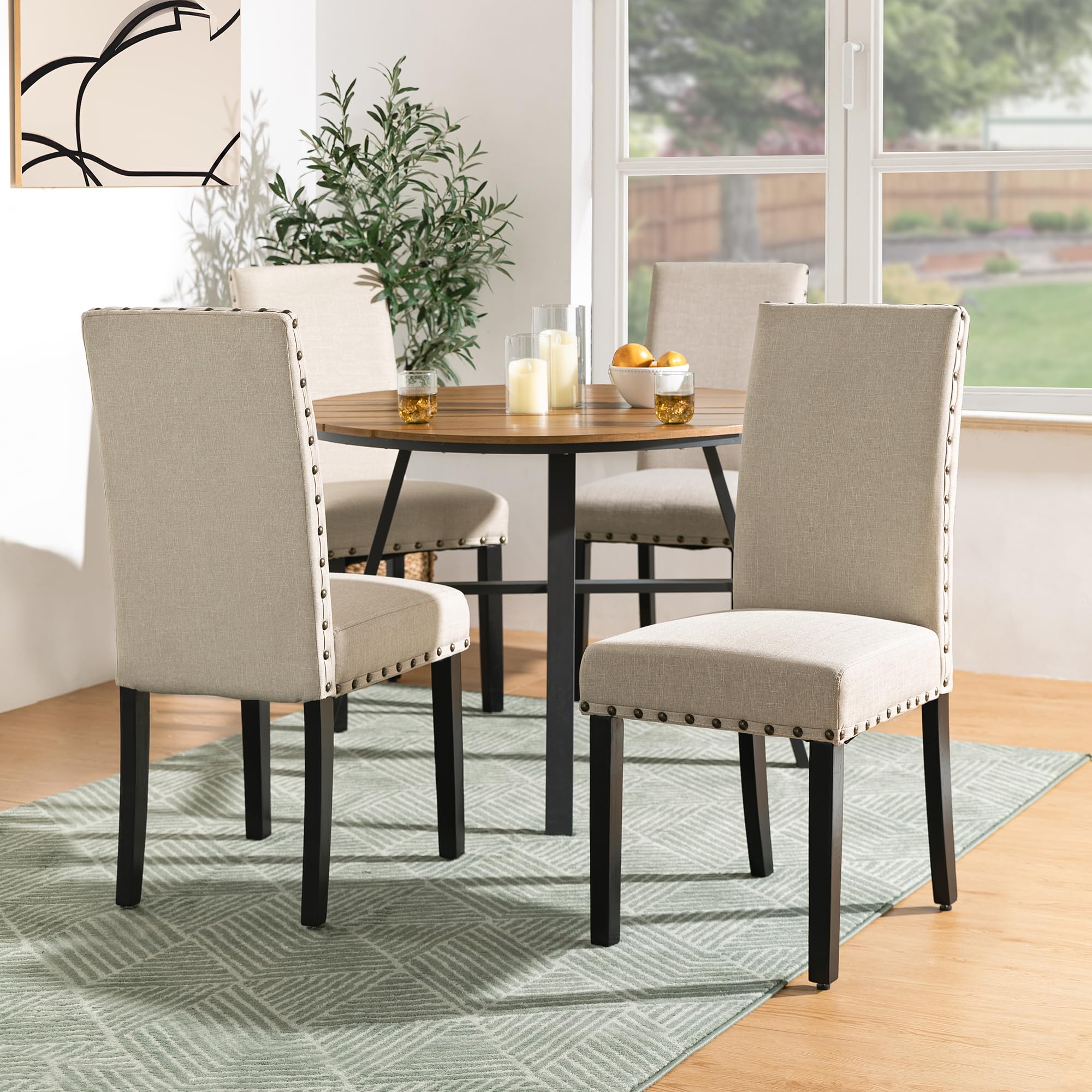 Glitzhome 4-Piece Fabric Dining Chairs with Rubberwood Legs - Modern Upholstered Kitchen Side Chairs in Beige | Perfect for Dining Room, Breakfast Nook & Small Space Decor
