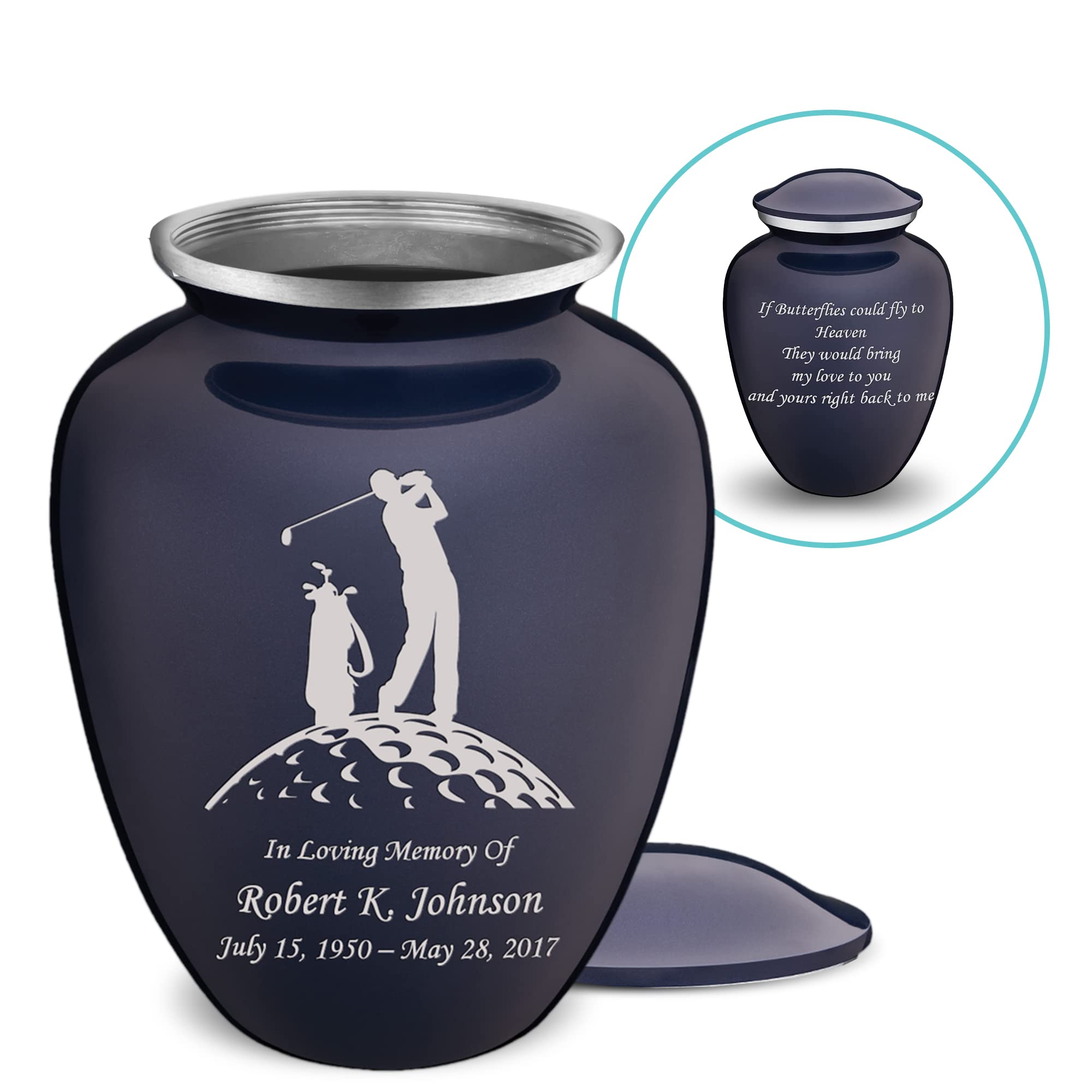 Personalized Golf Cremation Urns for Adults - Large Cobalt Blue Funeral Urn for Men & Women with Double Side Engraving - Holds 200 lbs - Perfect for Memorial Displays, Home Altars & Golf-Themed Memorial Services