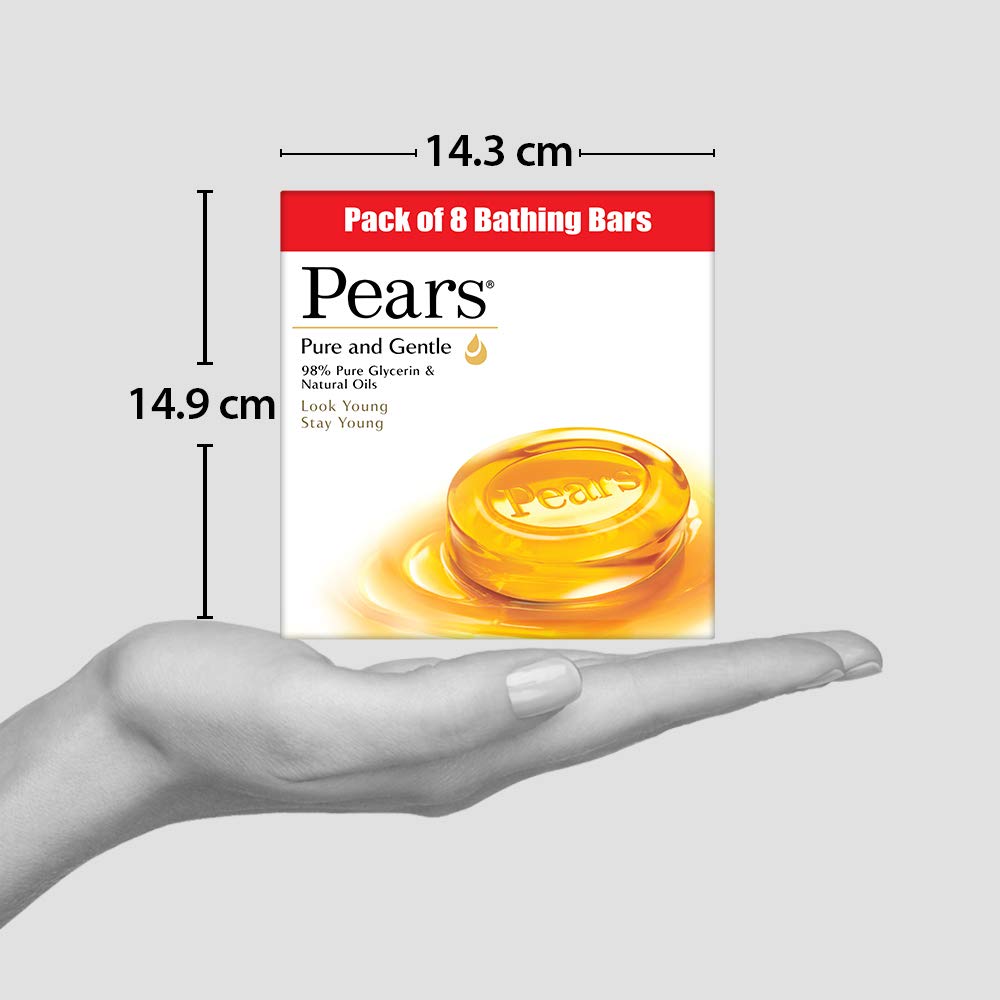 Pears Pure & Gentle Soap Bar (8-Pack) - Glycerin Enriched Moisturizing Bar Soap for Soft, Glowing Skin | Paraben-Free, Vegan | Ideal for Men & Women | Perfect for Daily Bathing, Showering & Sensitive Skin Care
