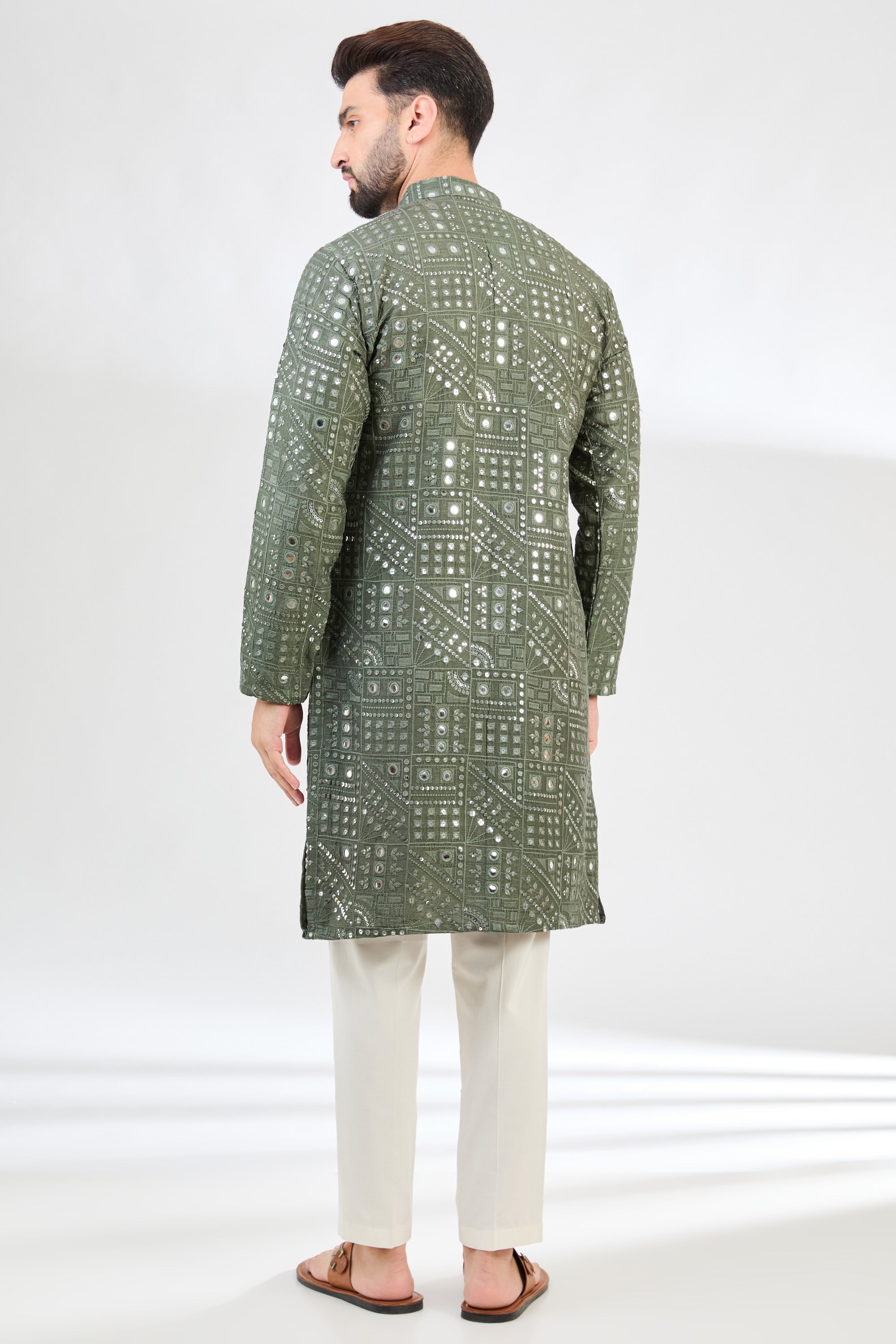 Military Green Mirror Work Kurta for Women - Stylish Ethnic Embroidered Tunic Top - Perfect for Festivals, Weddings & Casual Wear