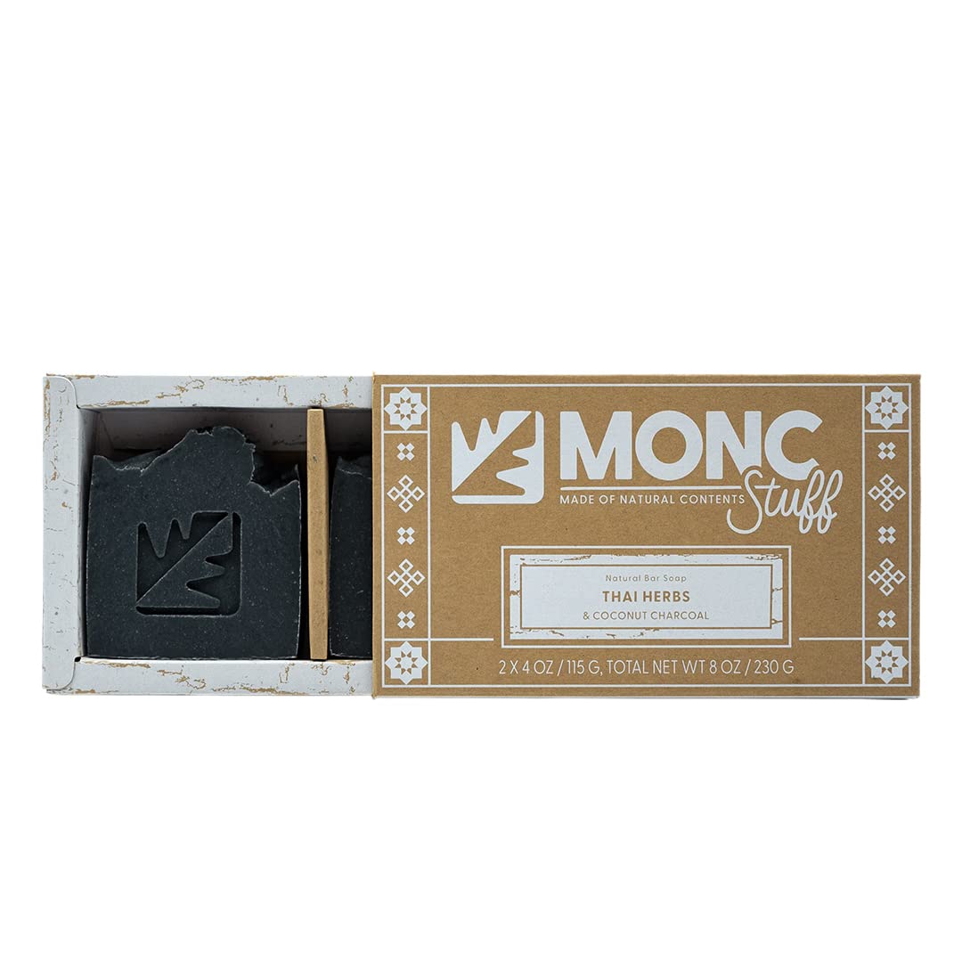 Organic Coconut Oil & Rice Milk Natural Bar Soap with Thai Herbs & Coconut Charcoal - Handmade Cold Process Soap for Face and Body - Moisturizing & Detoxifying for Men & Women - 2 Pack (Perfect for Travel, Gym & Daily Skincare Routine)