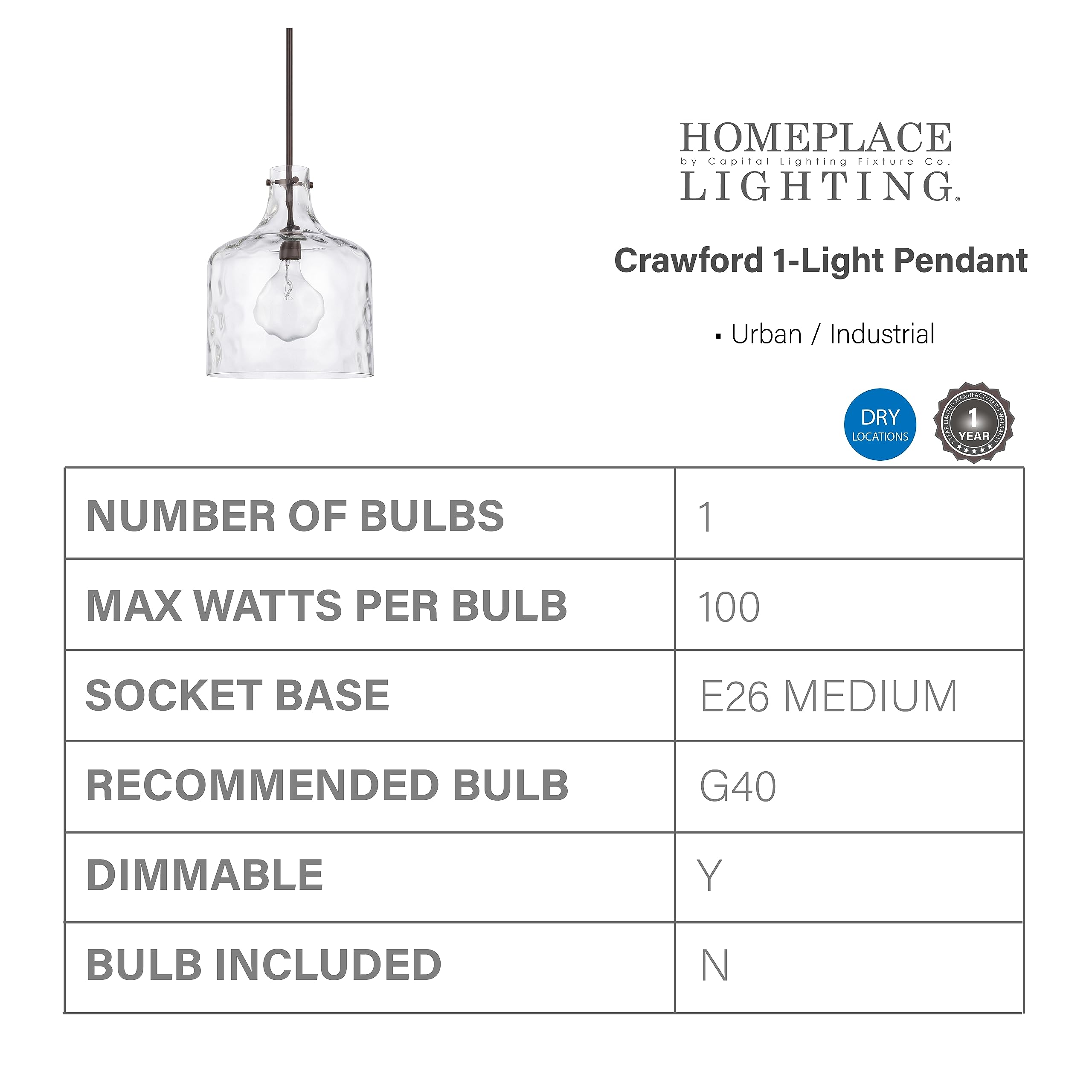 HomePlace Lighting 325717BZ Crawford Urban Industrial Clear Glass Jar Pendant Light - 1 Light 100W, 15