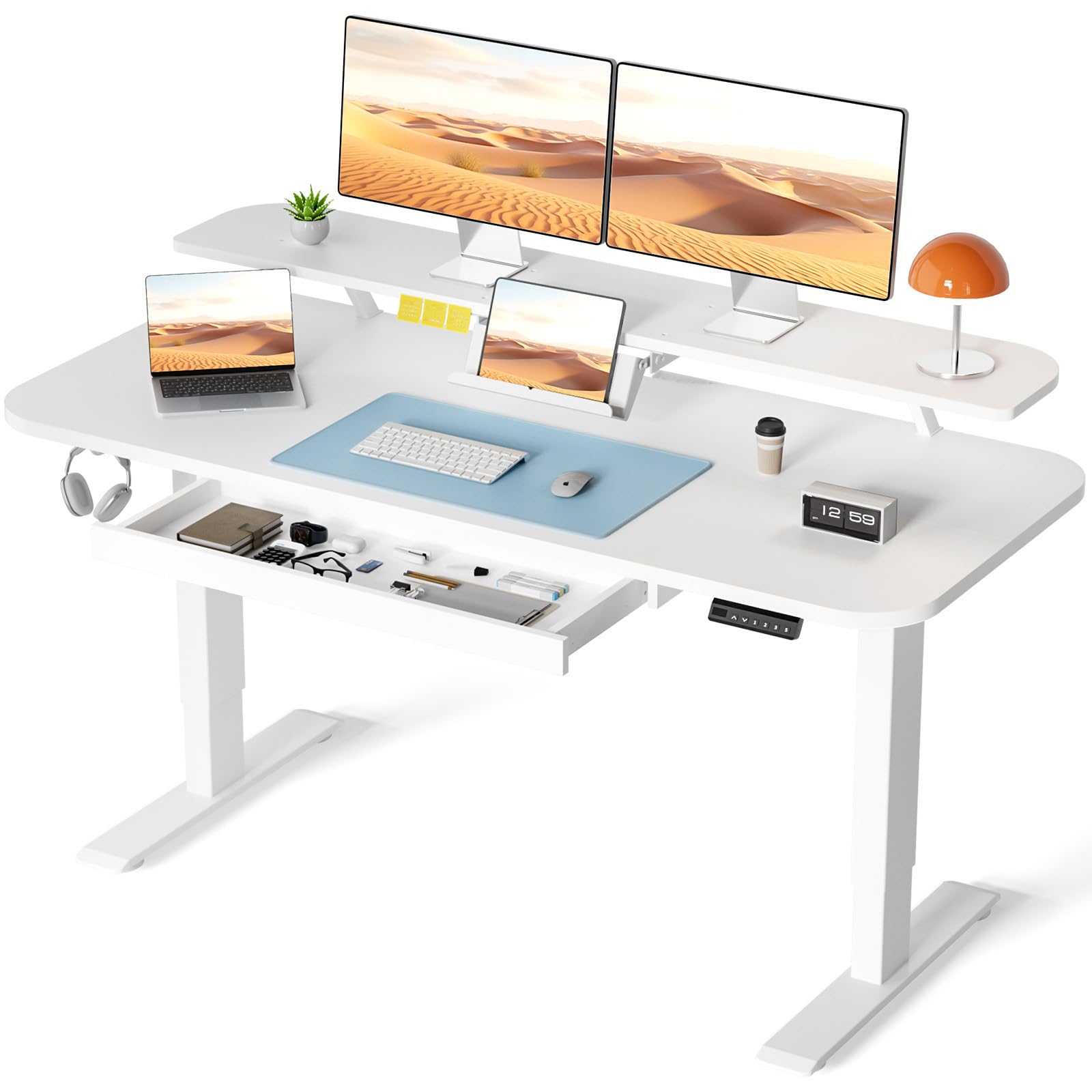 COMHOMA 48 x 24 Inch Electric Height Adjustable Standing Desk with Drawers - Ergonomic Sit Stand Workstation with Monitor Stand & Memory Preset Controller - Perfect for Home Office, Gaming Setup and Remote Work