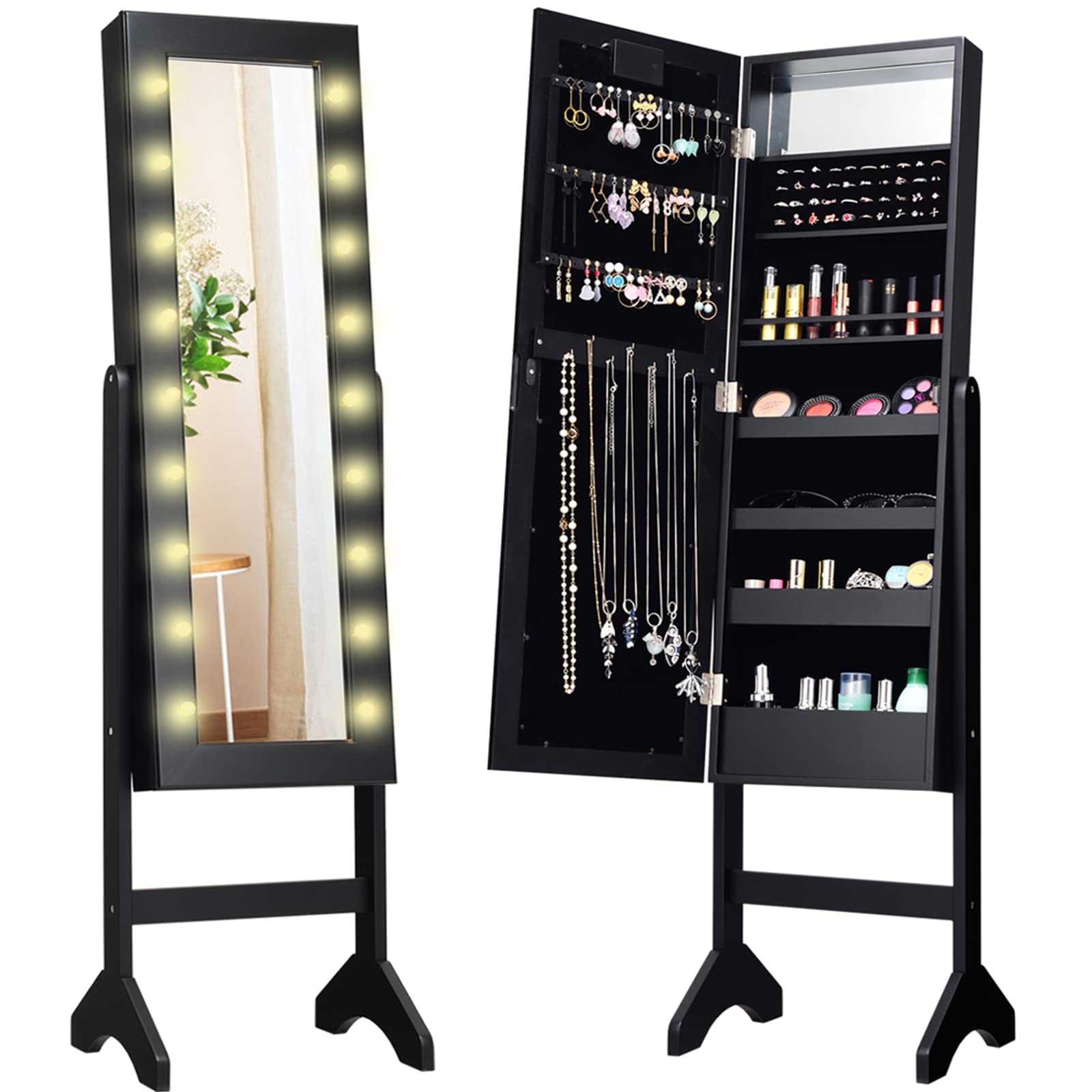 Giantex Standing Jewelry Armoire with 18 LED Lights - Large Mirrored Jewelry Cabinet with Full Length Mirror, 16 Lipstick Holders & Inside Makeup Mirror - Perfect for Bedroom, Closet & Dressing Room Organization (Black)