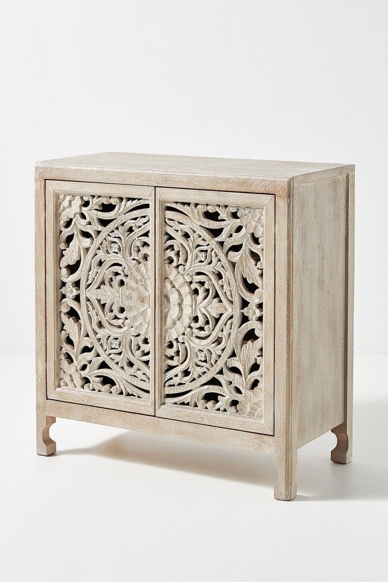 Hand Carved Lombok Entryway Cabinet - Solid Wood Kitchen Storage Unit with 3 Drawers & Shelves | Perfect for Hallway, Living Room & Dining Room Organization