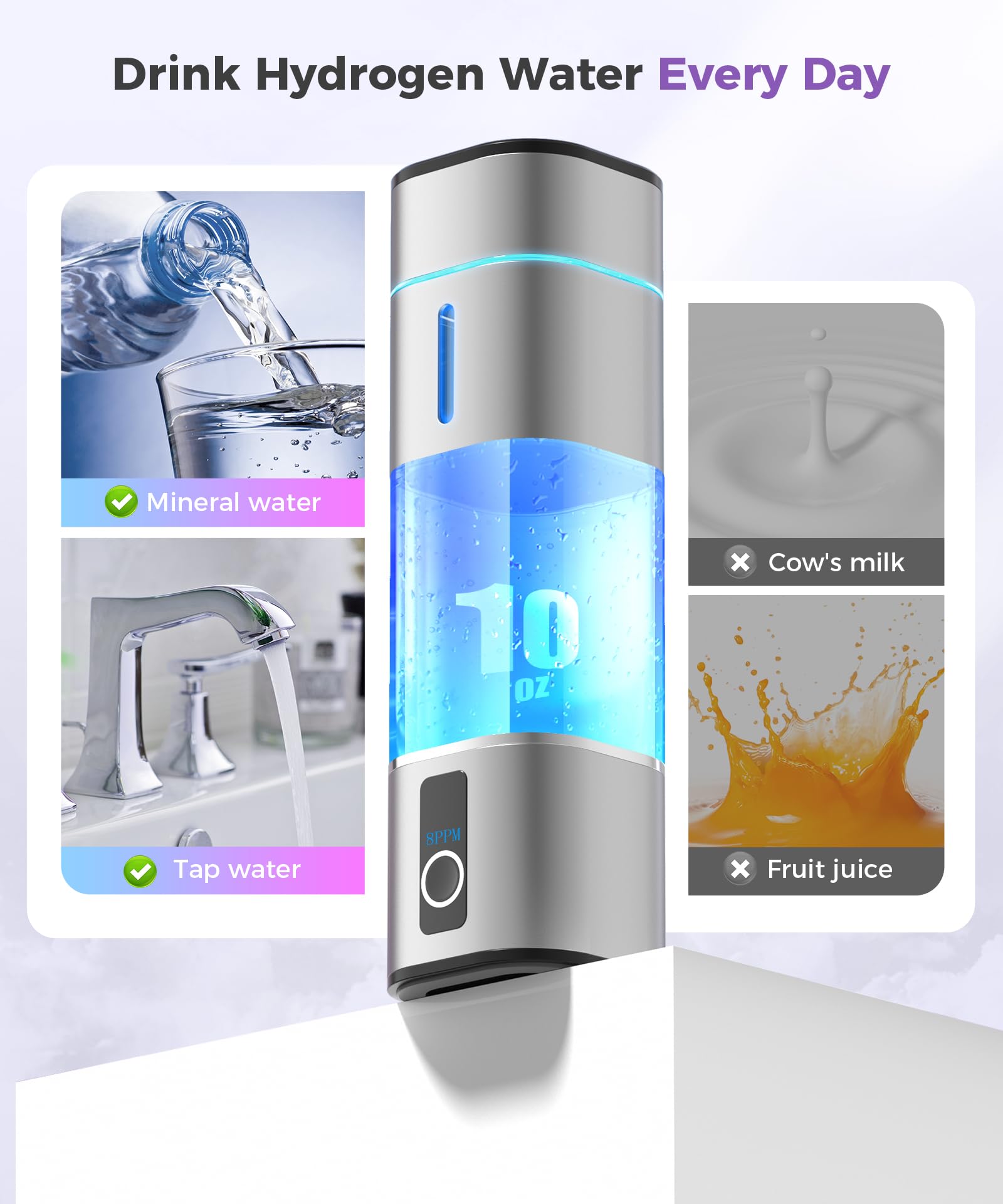 Premium Hydrogen Water Bottle Generator 6000-8000PPB - Portable Rechargeable Ionizer with LED Display, 2 Modes for Alkaline Water - Ideal for Office, Travel, Gym & Healthy Daily Hydration