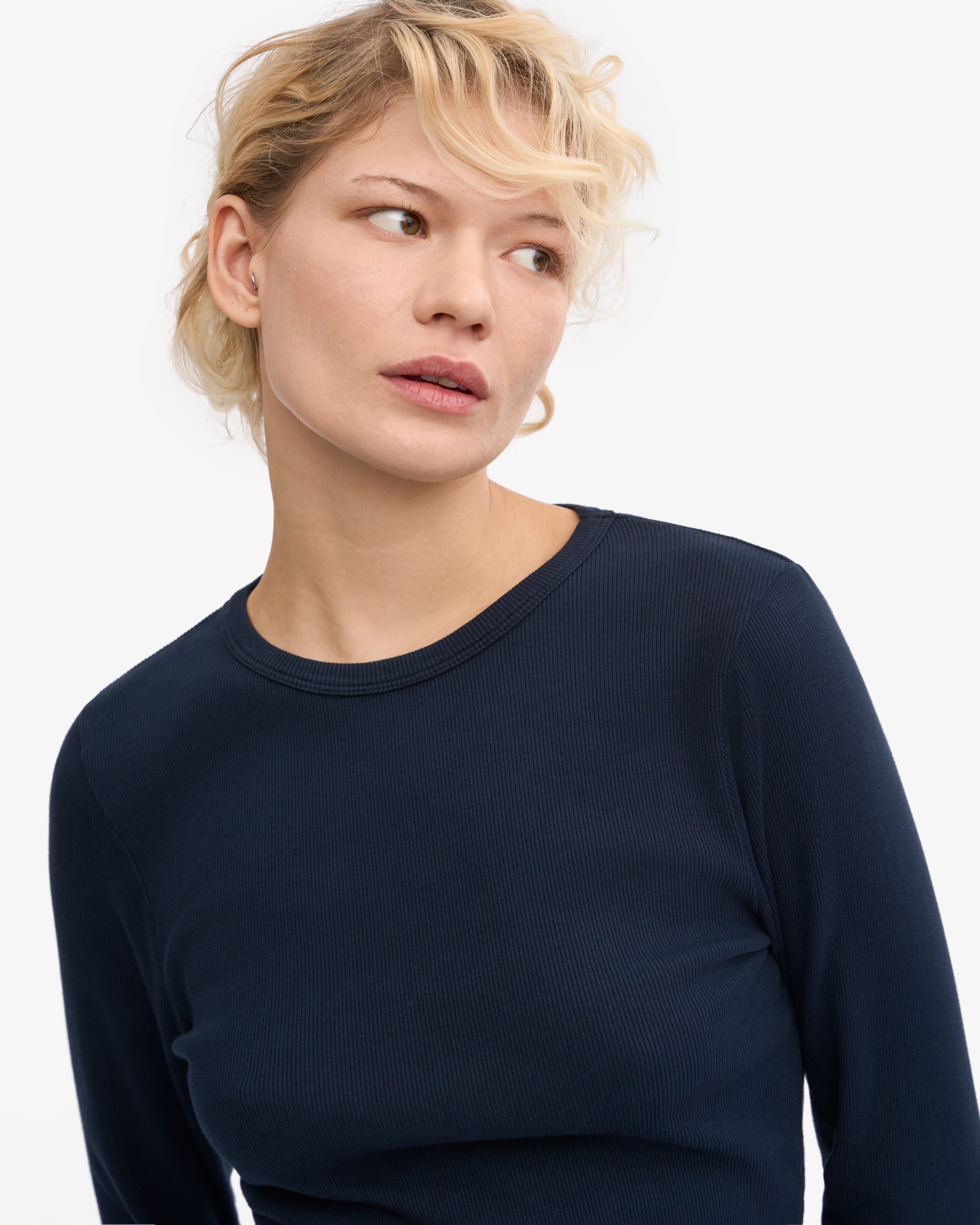 Organic Women's Long Sleeve Ribbed T-Shirt - Navy Blue - Comfortable Casual Wear for Everyday Outfits & Layering
