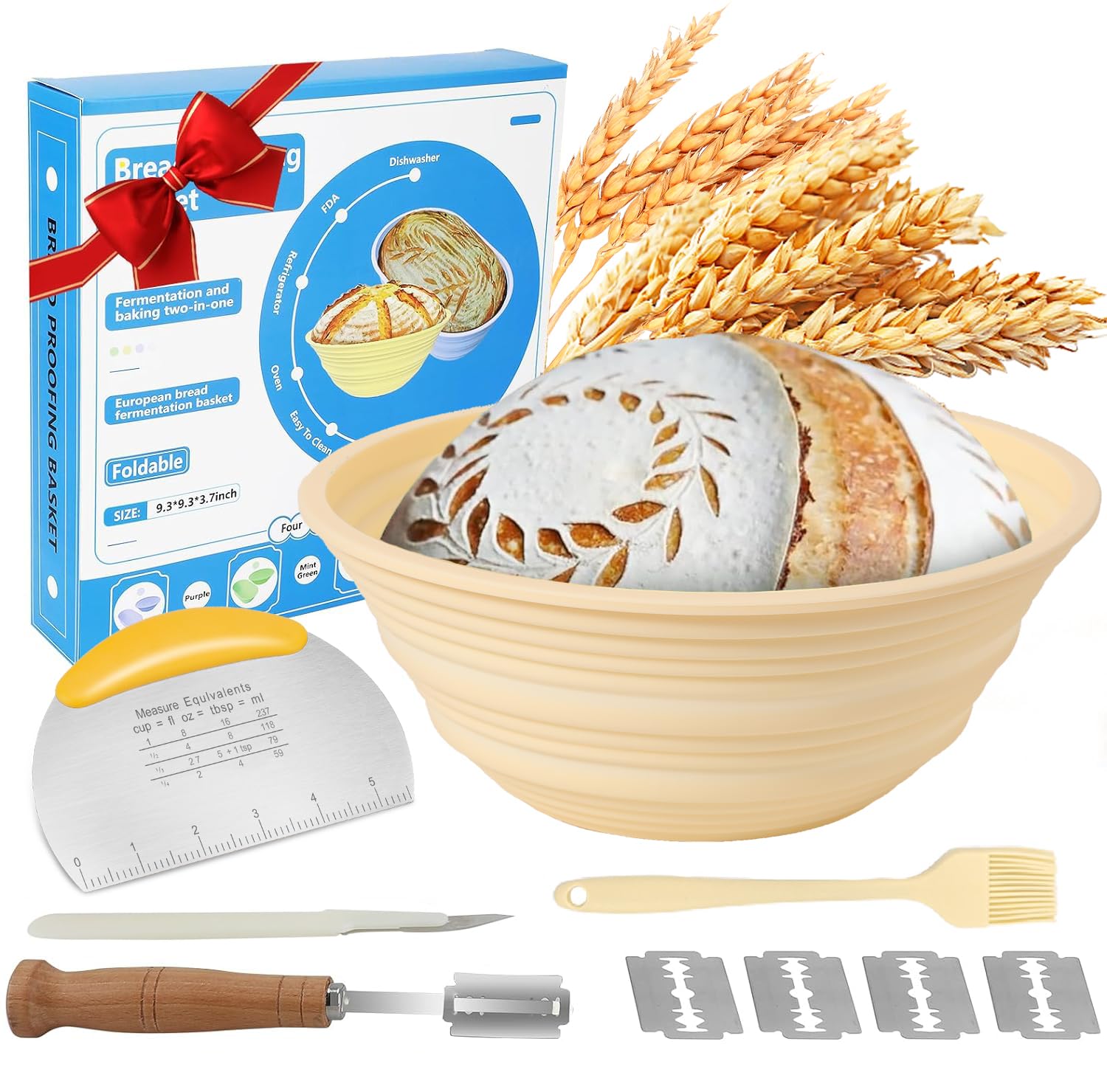 Premium 9-Inch Round Silicone Banneton Bread Proofing Basket - Foldable Sourdough Baking Supplies Kit with Essential Tools | Perfect for Artisan Bread Making, Home Bakers & Gift Giving