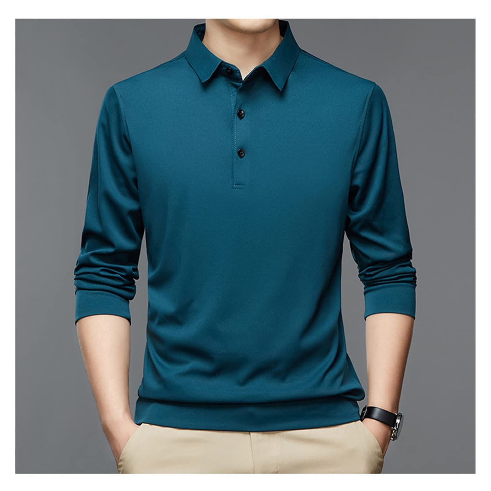 SKREOJF Men's Slim Fit Long Sleeve Polo Shirt - Business Casual Solid Color Dress Shirt with Korean Style Lapel | Perfect for Office, Business Meetings & Smart Casual Outfits (Color: A, Size: XL)