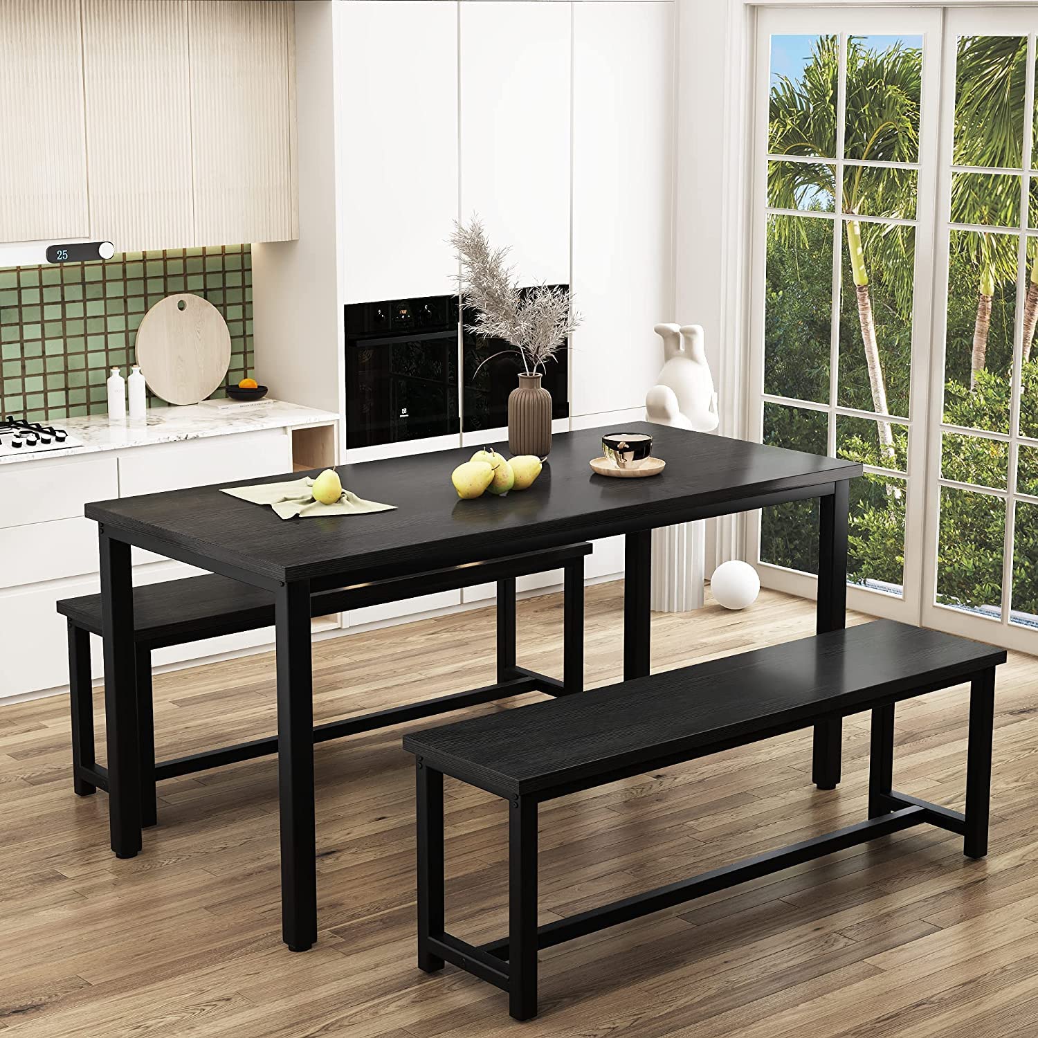 Farmhouse Dining Table Set with 2 Benches - Solid Wood Kitchen Table and Chairs for 4-6 People, Black Breakfast Nook Set for Small Spaces - Perfect for Family Meals, Entertaining Guests & Cozy Dining