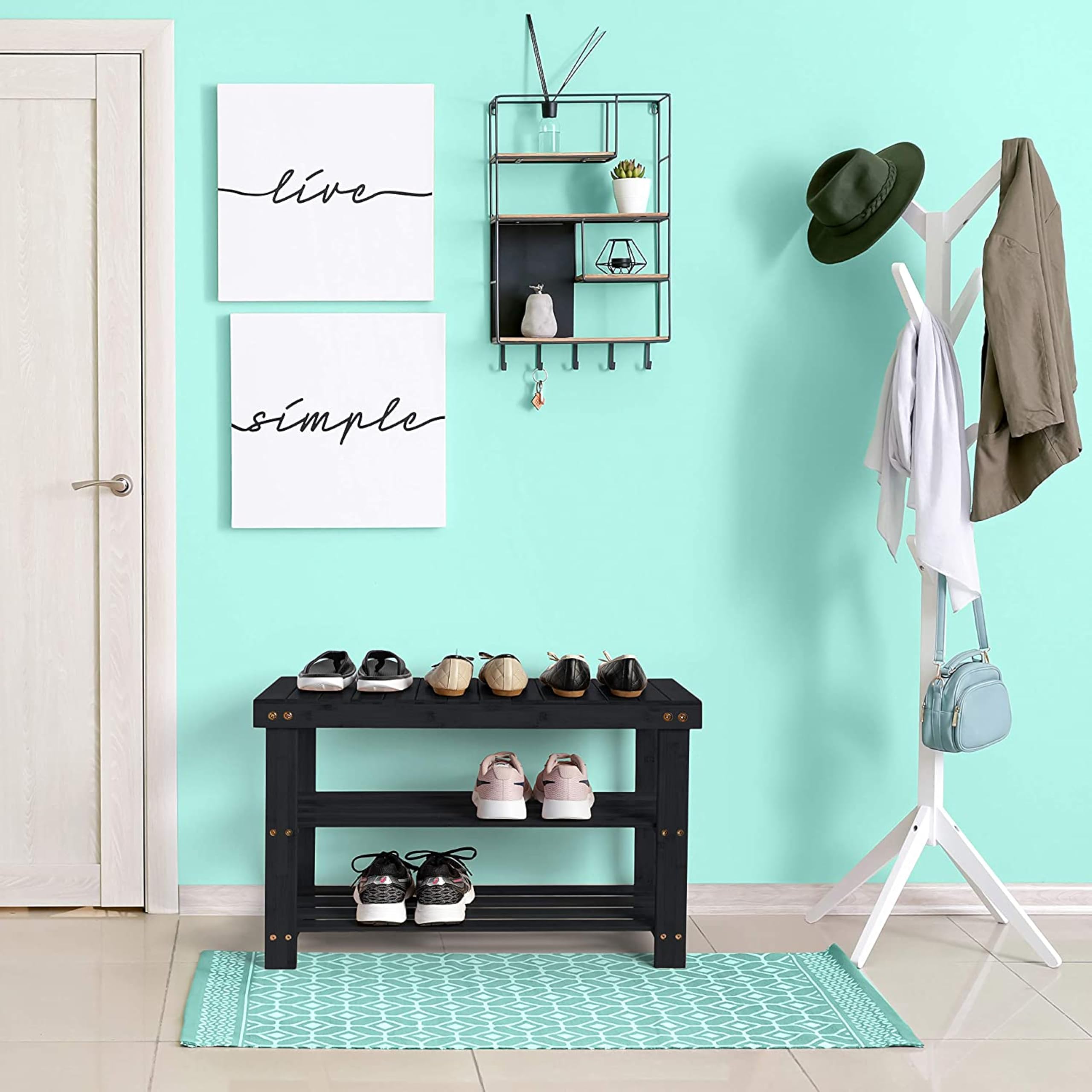 Premium 3-Tier Bamboo Shoe Rack Bench with Storage - Space-Saving Entryway Organizer for Hallway, Living Room or Bathroom - Sturdy Shoe Cubby & Entry Bench for Home Organization (Black)