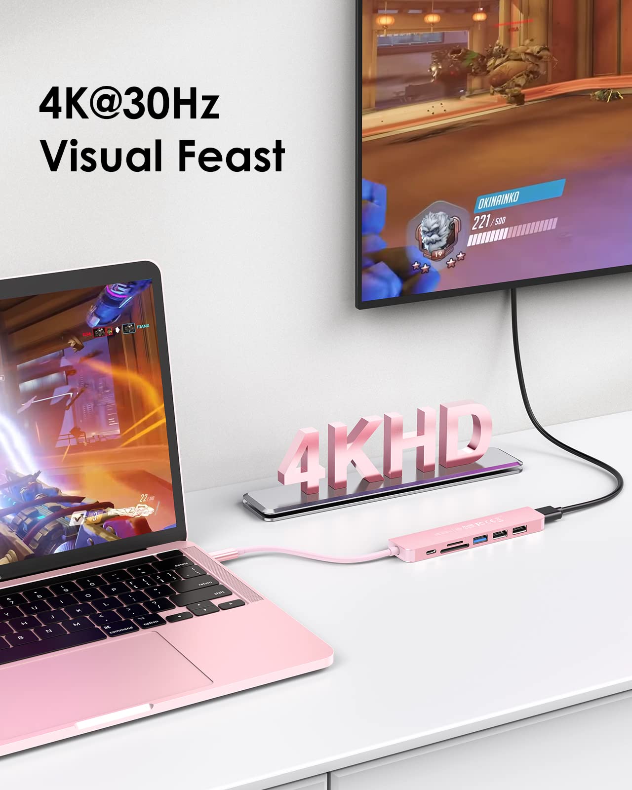 LENTION 6-in-1 USB C Hub with 100W PD Charging, 4K HDMI, SD/TF Card Reader, USB 3.0 Ports - Compatible with MacBook Pro/Air, Surface, Chromebook & More - Rose Gold (CB-CE18) | Perfect for Home Office, Travel & Multi-Screen Workstations
