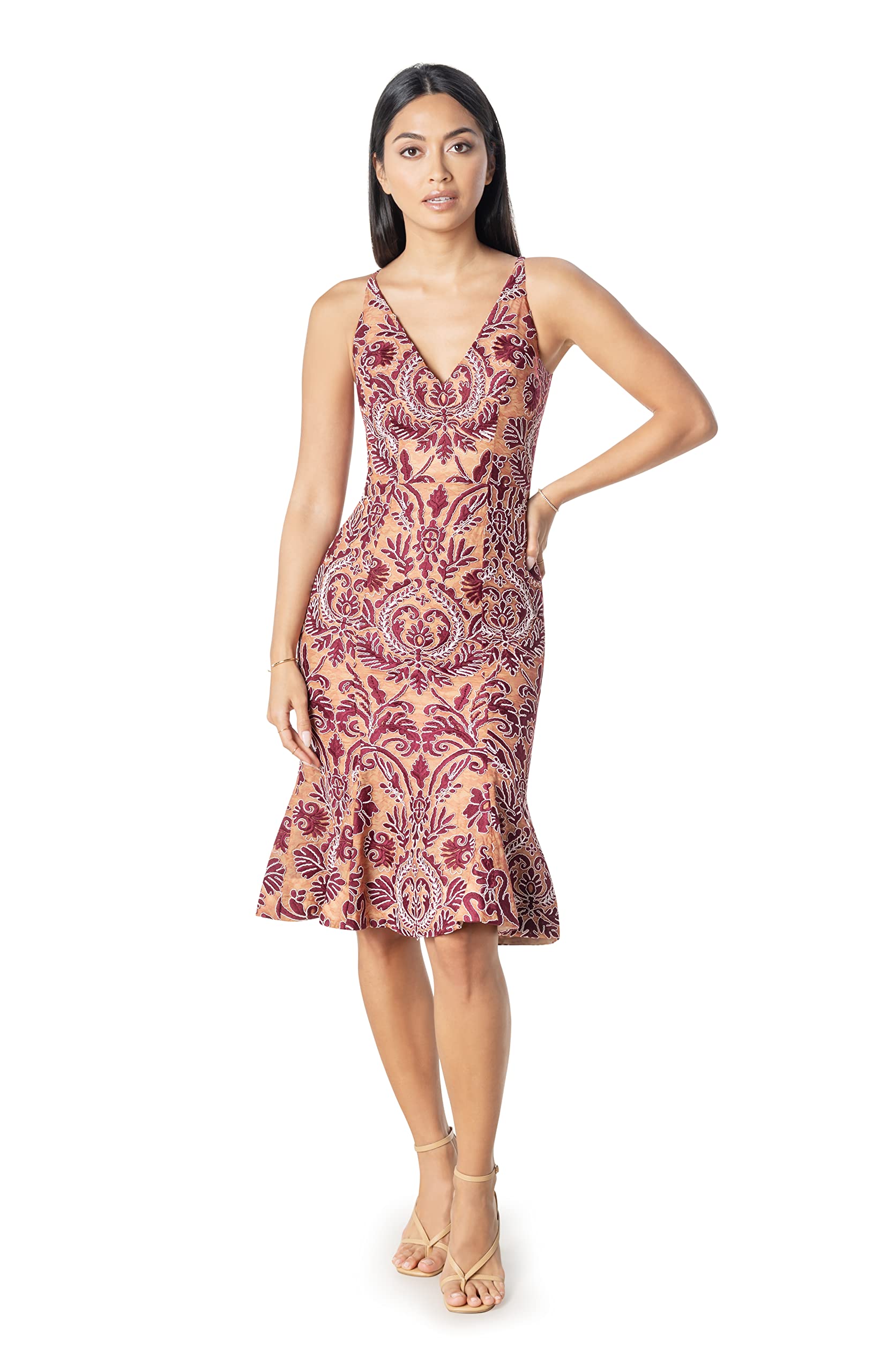 Dress the Population Women's Isabelle V-Neck Bodycon Midi Dress with Ruffled Hem - Perfect for Cocktail Parties, Date Nights & Special Occasions