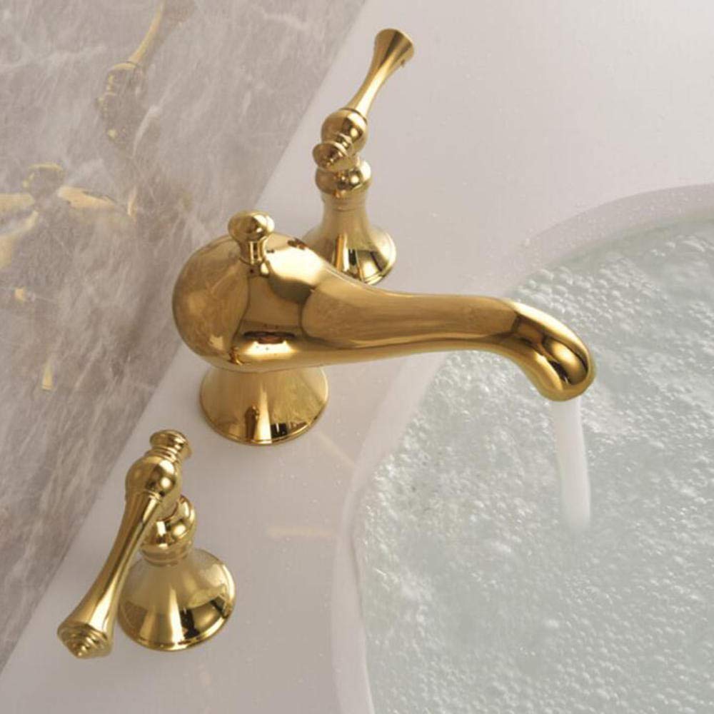 3 Hole Basin Mixer Tap - Golden Brass Hot & Cold Water Faucet with 2 Handles, Double Switches, Splash Prevention & Leak-Proof Design - Perfect for Bathroom Sink, Vanity, and Powder Room Installation