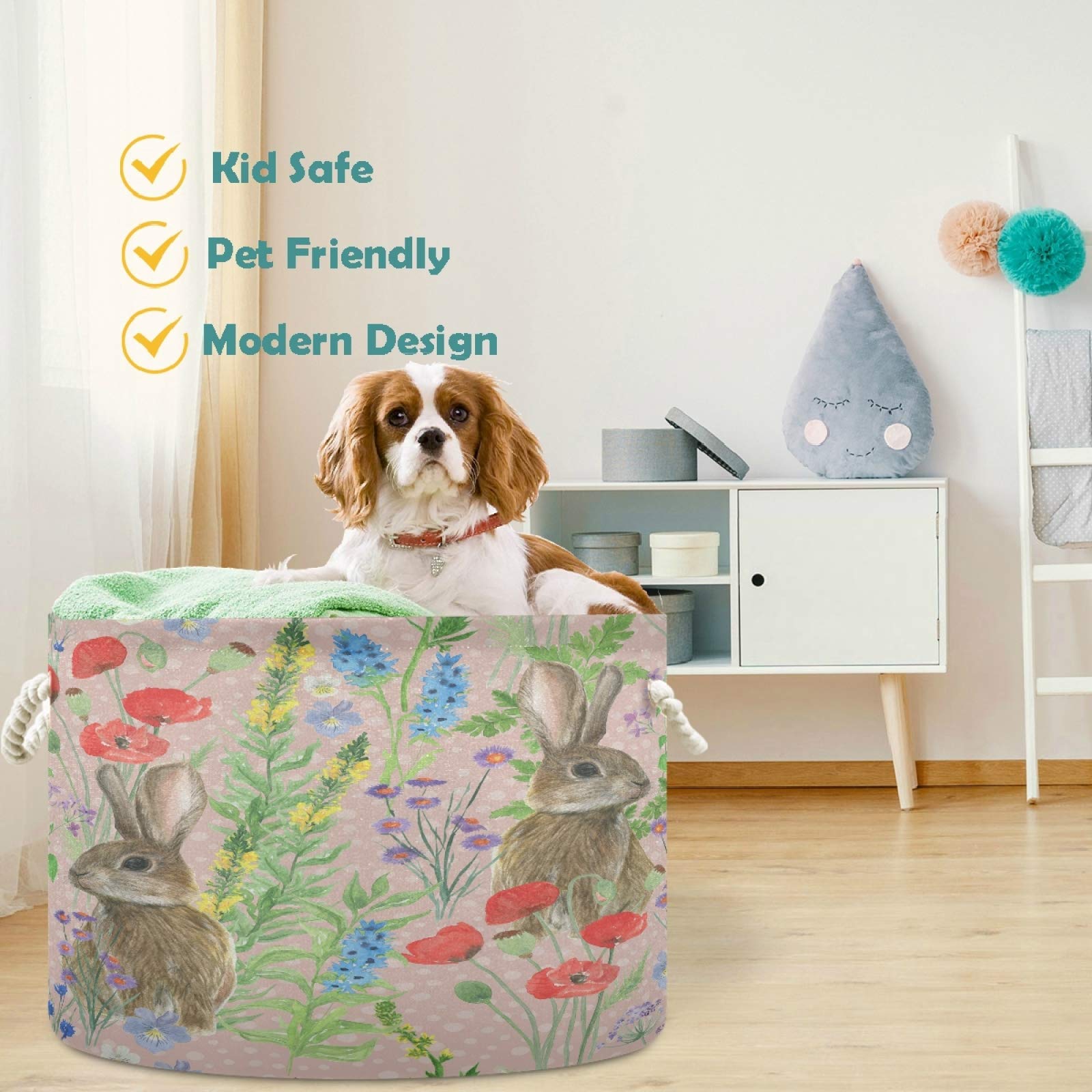 Visesunny Collapsible Fabric Storage Basket - Beautiful Floral Bunny Design for Laundry, Toys & Clothes | Perfect for Bathroom, Bedroom, Nursery, Closet & Office Organization | Foldable Storage Bin with Handles for Easy Space Saving