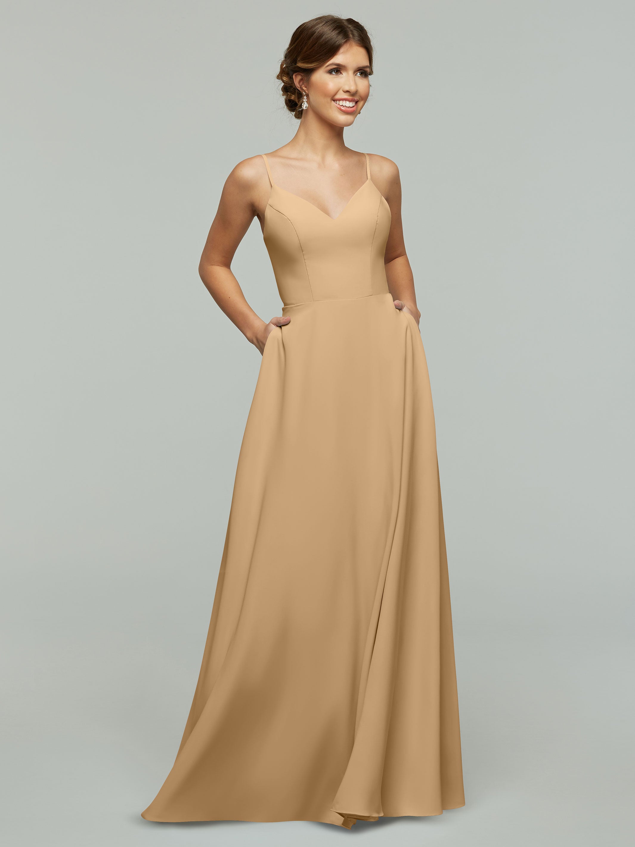 Elegant 83012 Flowy Stretch Chiffon A-Line Bridesmaid Dress with V-Neckline - Perfect for Weddings, Formal Events & Special Occasions