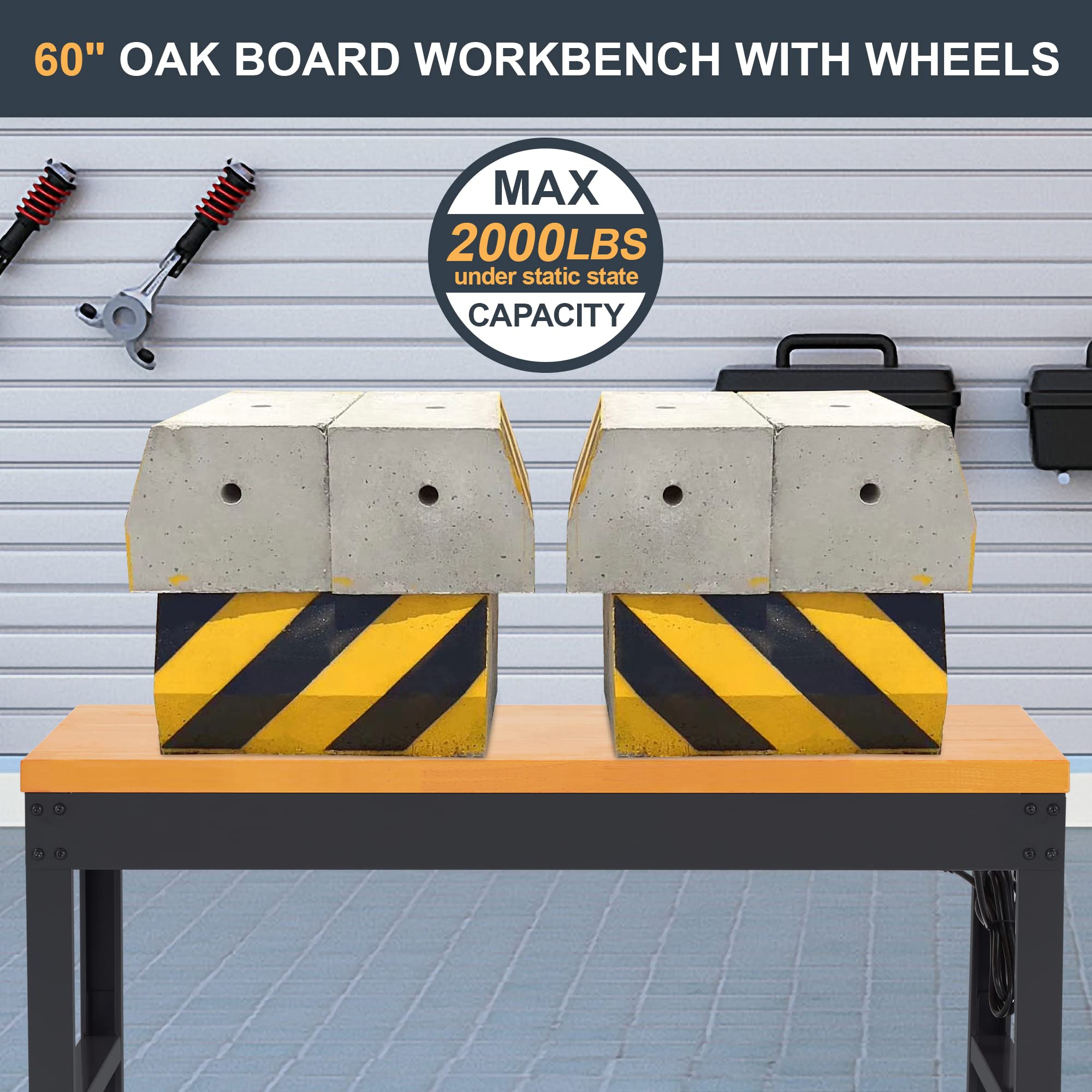 AHB 60-Inch Adjustable Height Rolling Workbench - Heavy Duty Oak Wood Work Table with Power Outlets & Wheels (2000 LB Capacity, Black 60x22 Inch) - Perfect for Garage, Workshop, Office & Home DIY Projects