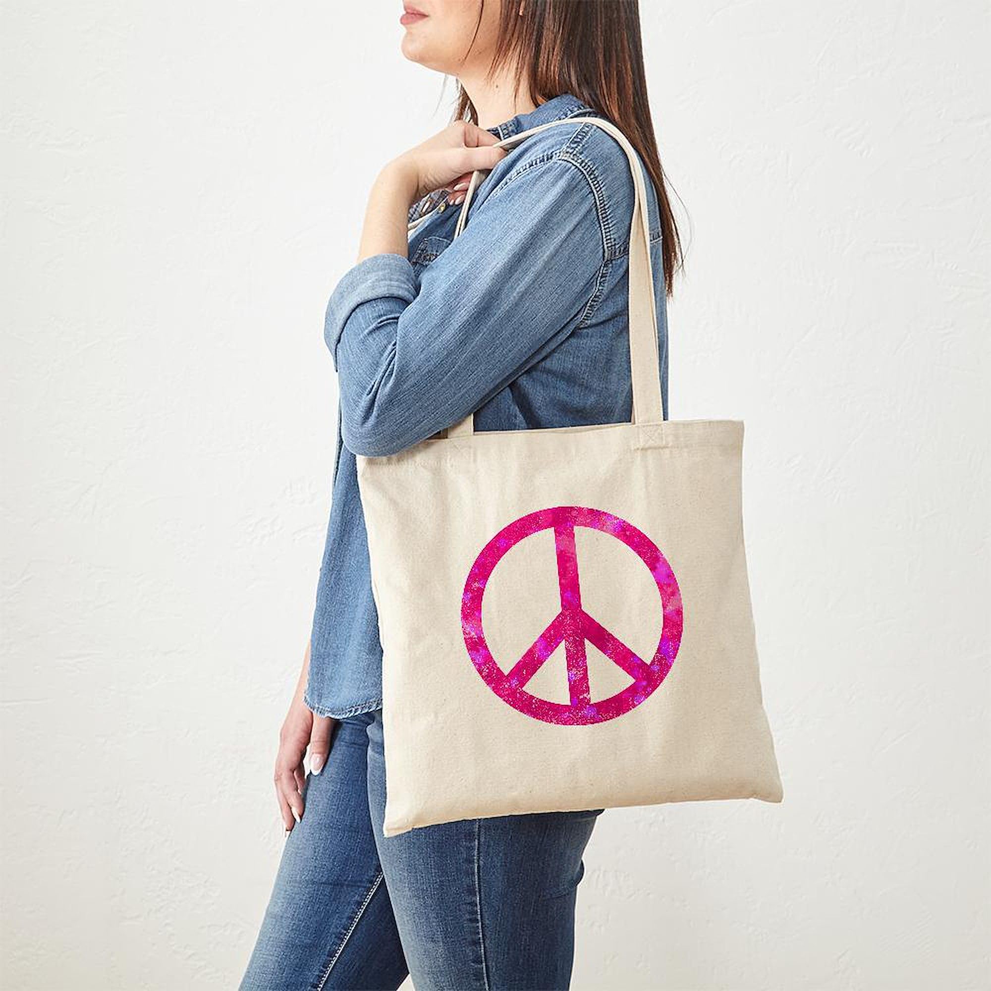 Distressed Pink Peace Sign Tote Bag - Natural Canvas Reusable Shopping Bag for Women | Eco-Friendly Grocery Tote, Beach Bag & Everyday Carry
