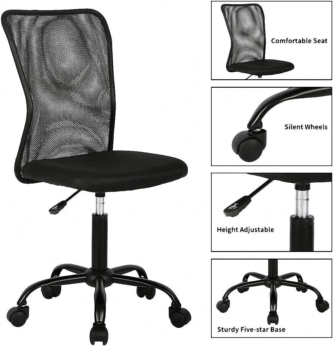 Ergonomic Small Office Chair No Arms with Wheels - Adjustable Mid Back Mesh Task Chair for Home Office, Bedroom & Small Spaces - Modern Simple Computer Desk Chair (Black) - Perfect for Working from Home, Studying, or Gaming