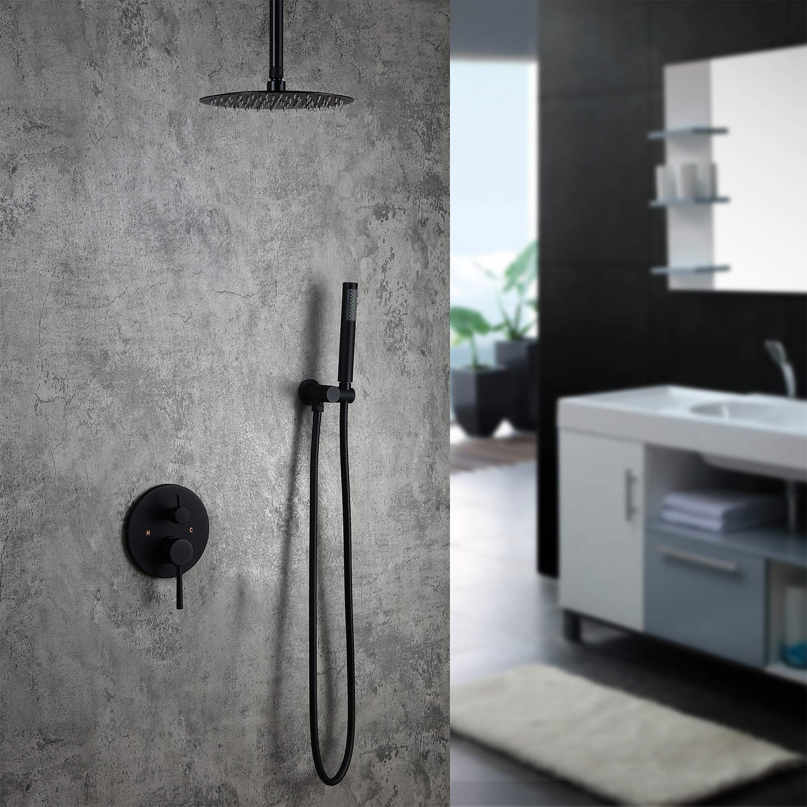 10 Inch Matte Black Ceiling Mount Rainfall Shower System with Hand Shower - Modern Bathroom Faucet Set for Luxurious Spa Experience | Perfect for Master Bathrooms & Hotel Style Showers