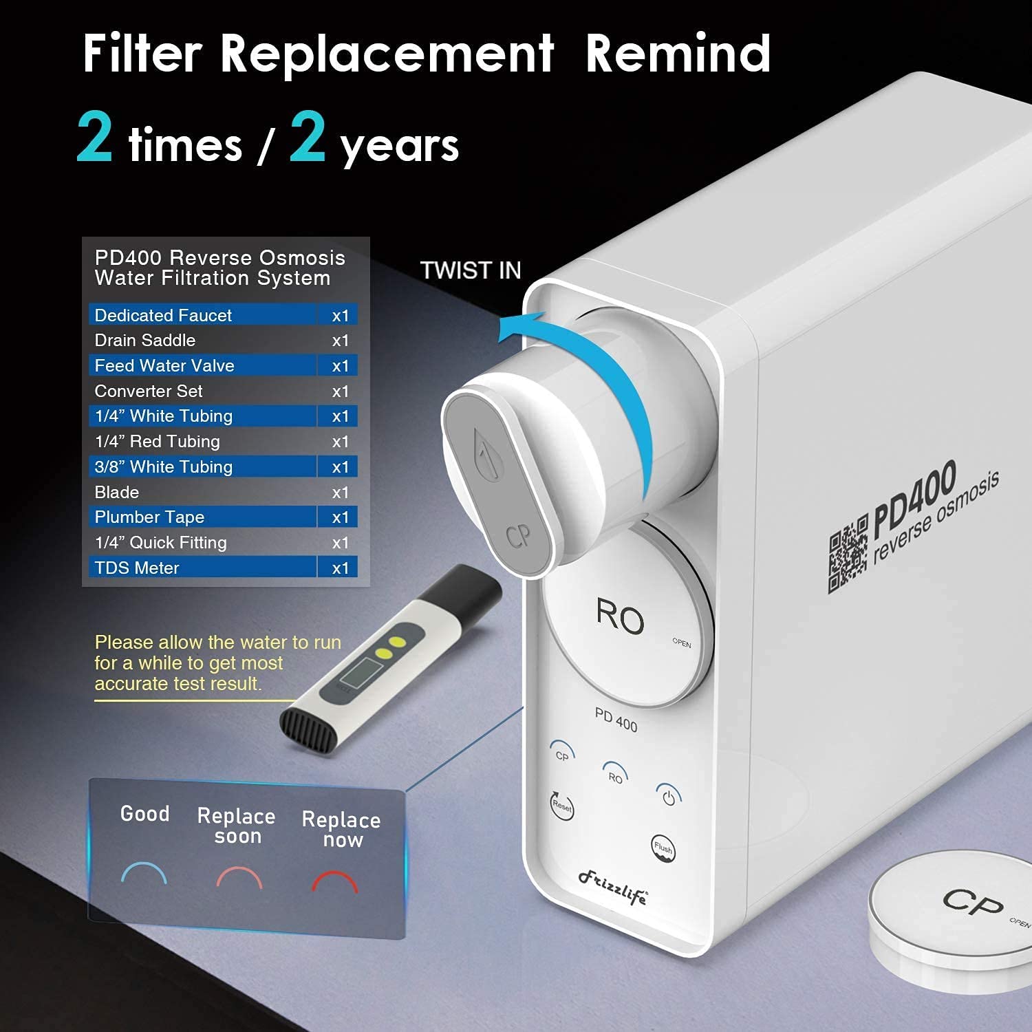 Frizzlife Tankless Reverse Osmosis Water Filtration System 400 GPD - Under Sink RO Filter with Quick Twist Design & TD-3 Post Carbon Filter | Pure Drinking Water for Home, Office, RV & Camping