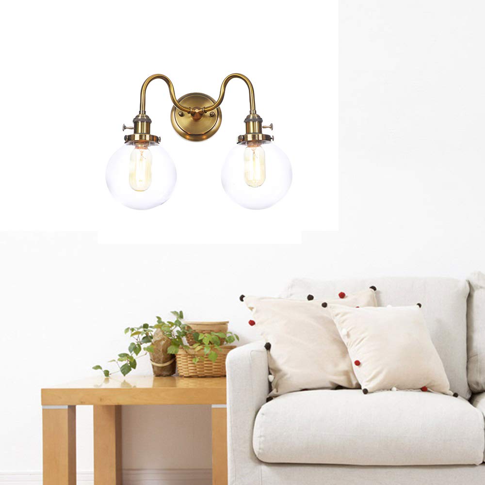 Vintage Gold Metal Wall Lamps with Clear Glass Lampshade - 2-Light Bedroom Sconce with Switch | Perfect for Bedroom, Living Room, Hallway & Reading Nook Lighting