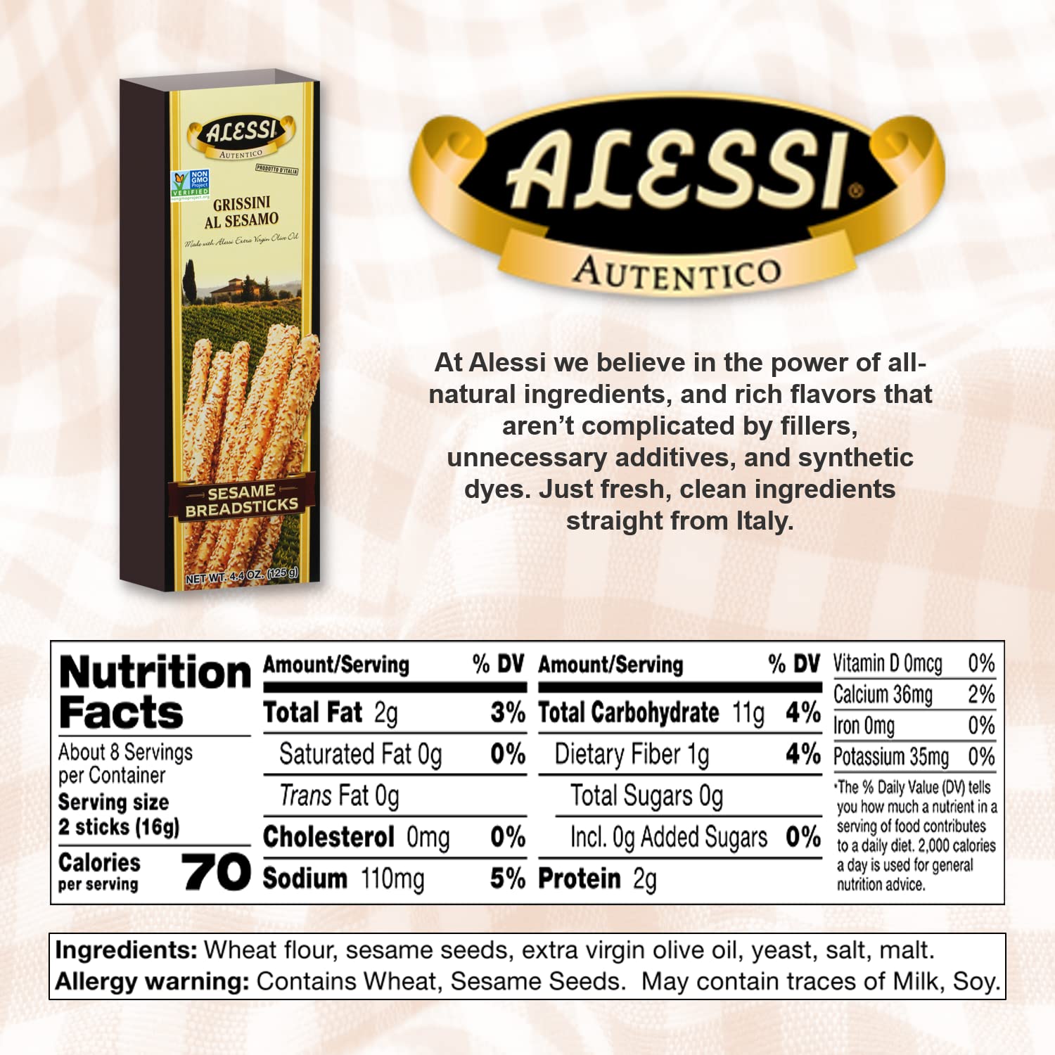 Vigo Alessi Sesame Breadsticks - Crunchy Italian Snack - 4.4 oz (Pack of 12) - Perfect for Parties, Appetizers & Coffee Time