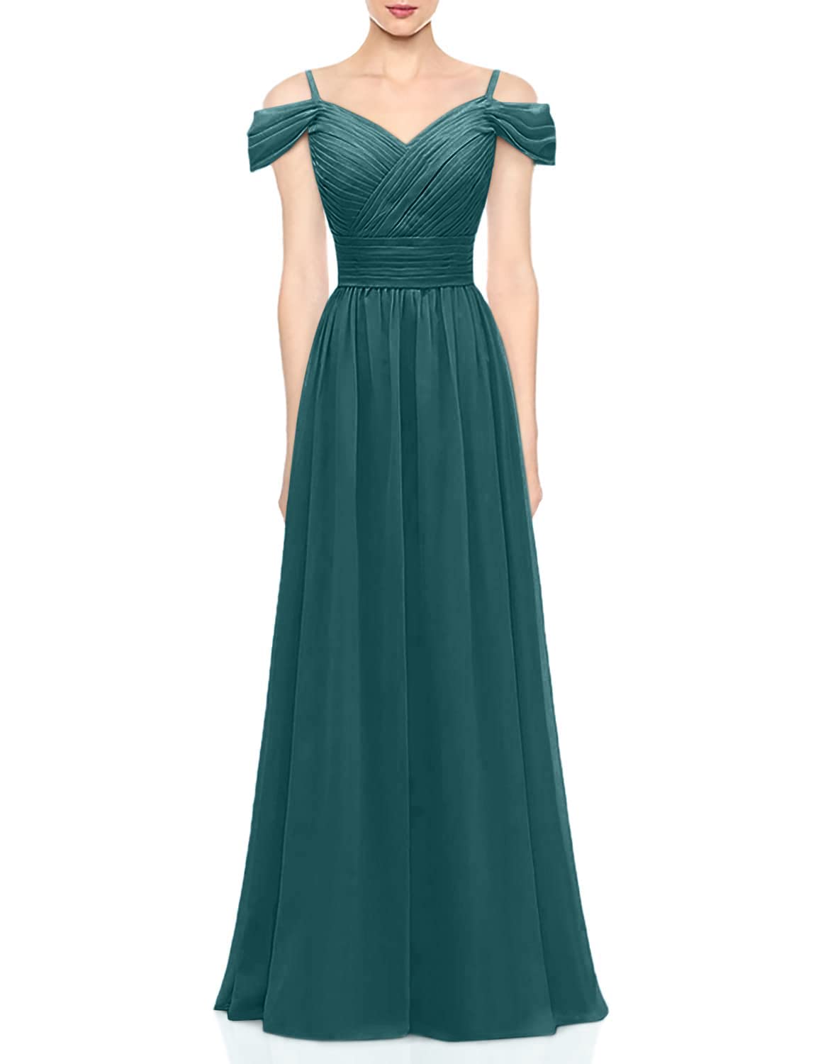 YORFORMALS Women's Off The Shoulder Pleated Chiffon Bridesmaid Dress with Pockets - Elegant Formal Evening Party Gown for Weddings, Prom, Cocktail Events & Special Occasions