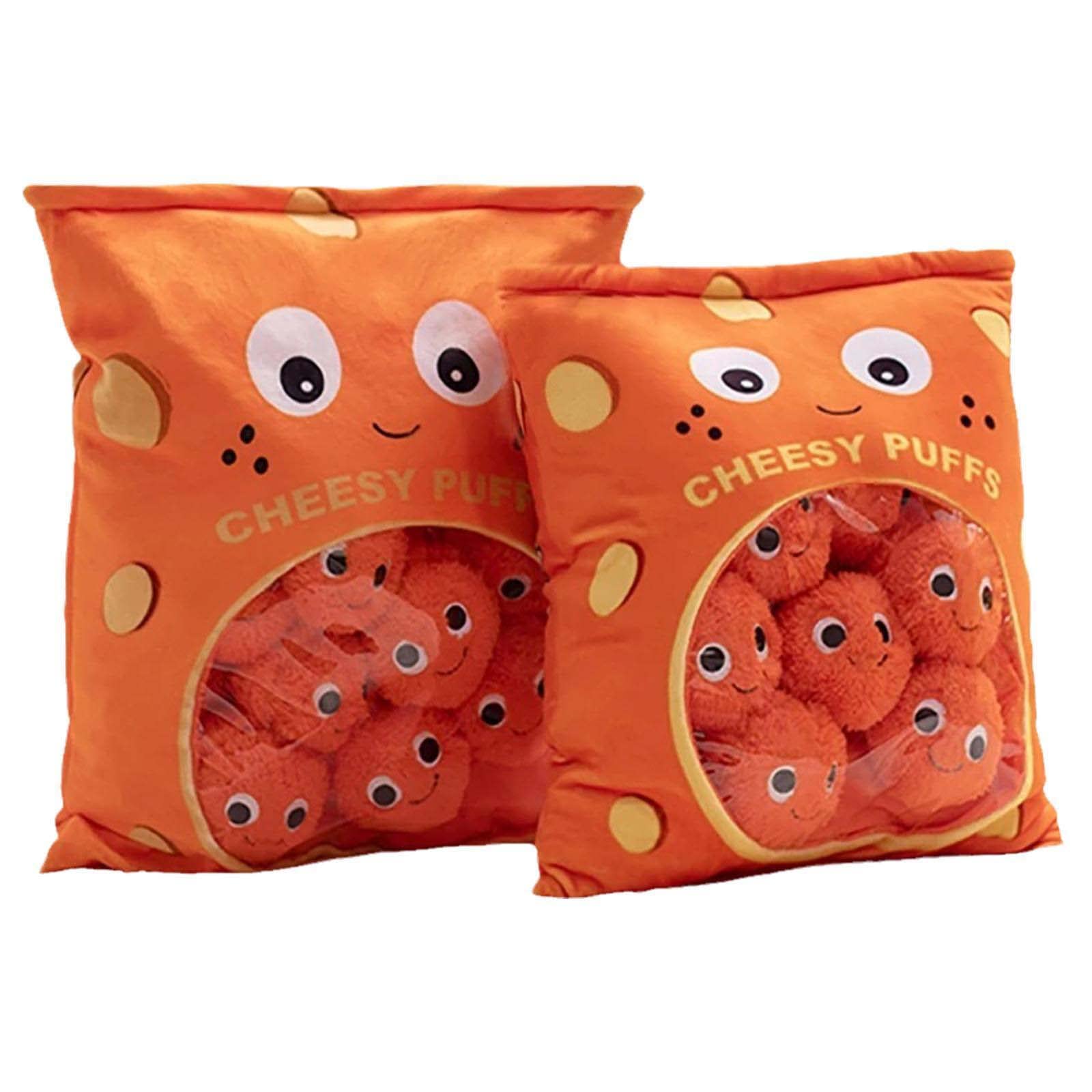 Cheesy Puffs Plush Toy - Soft Cheese Puff Stuffed Animal Pillow with 6 Bonus Cheesy Puff Balls | Cute Food-Themed Gift for Kids, Girls, Boys & Girlfriends | Perfect for Birthday Presents, Room Decor & Snack-Lovers