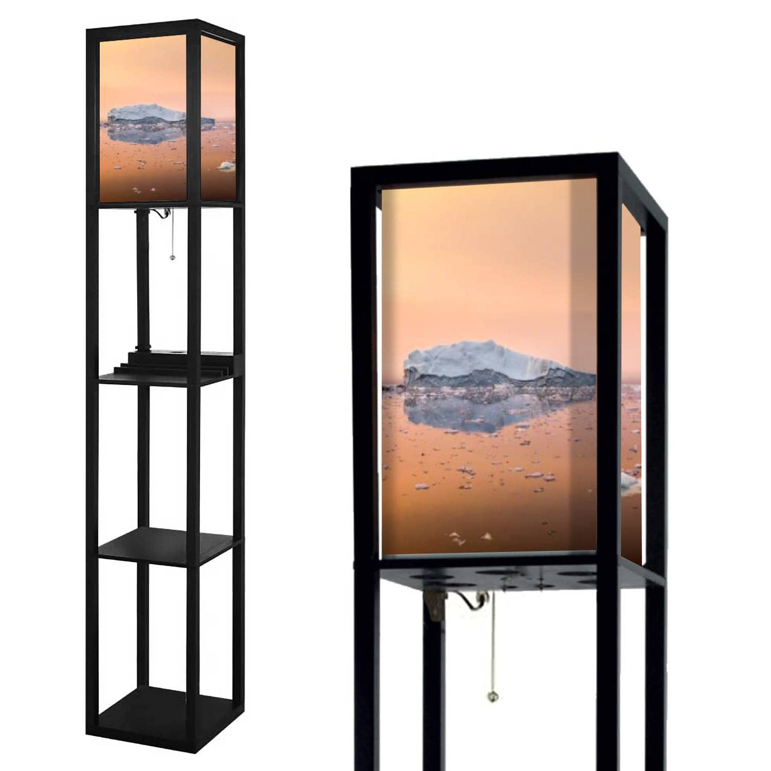 Modern Wooden Floor Lamp with Shelves & 3 USB Charging Ports - Iceberg Design Linen Lampshade Standing Light for Living Room, Bedroom - Perfect for Reading Nook, Home Office & Cozy Corner Decor