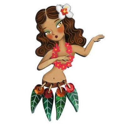 Vintage Hawaiian Brunette Hula Girl Brooch Pin - Handmade Floral Lei Dancer Jewelry for Women - Perfect for Luau Parties, Beach Vacations & Tropical Themed Events