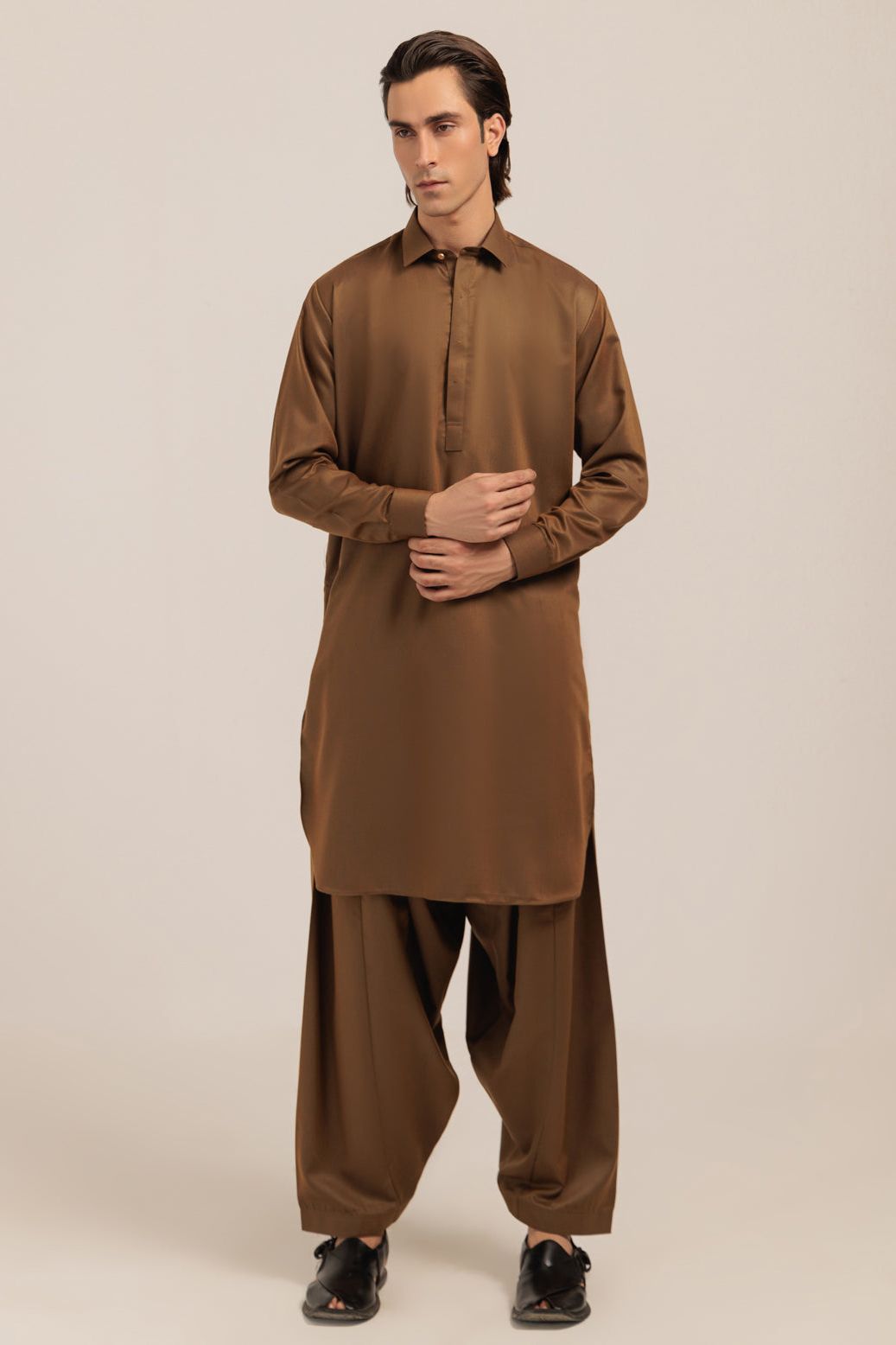 Stylish Blended Golden Kurta Shalwar Set for Men - Traditional Pakistani Ethnic Wear - Perfect for Eid, Weddings & Festive Occasions