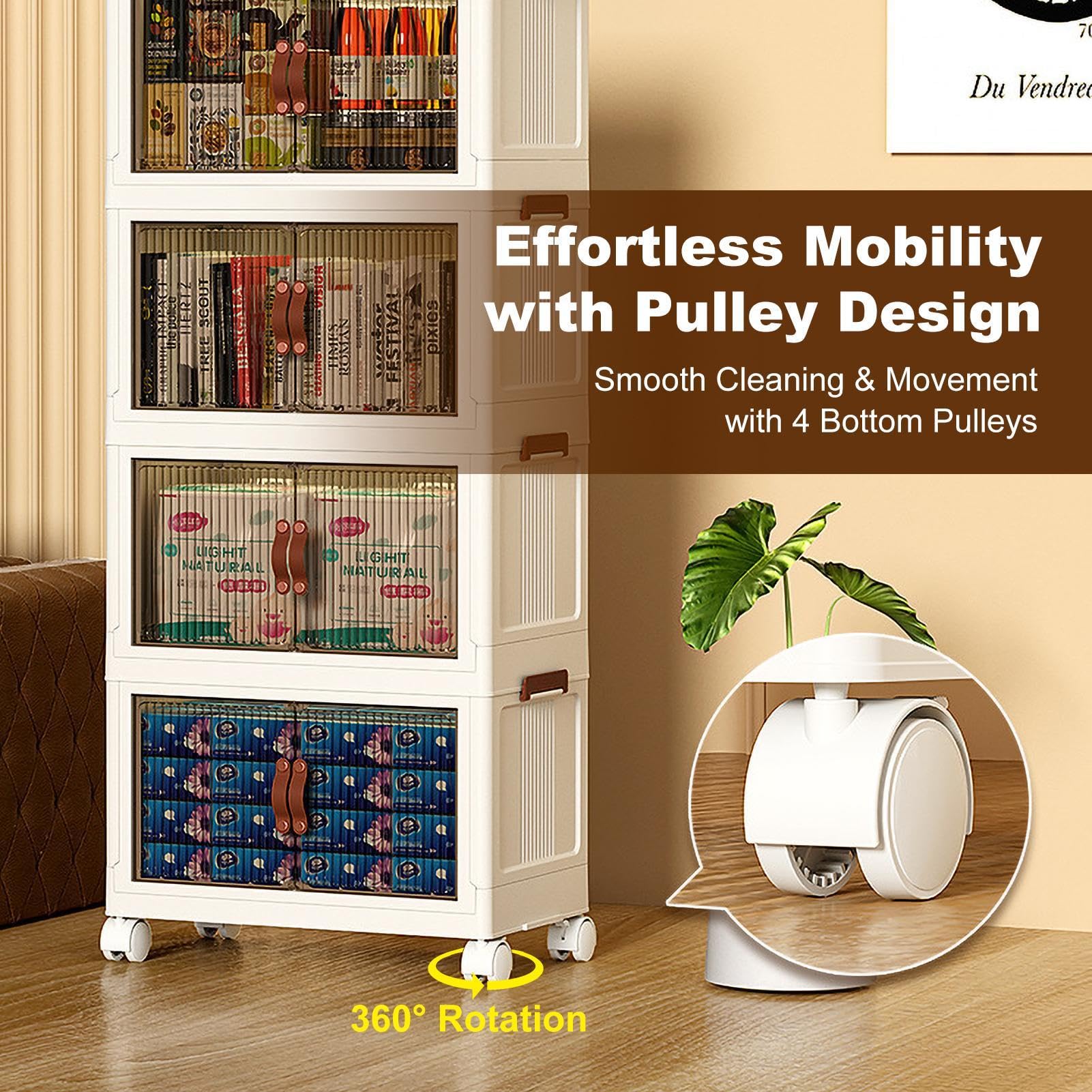 Foldable Storage Bins with Lids - 4-Tier Stackable Storage Containers with Wheels & Doors - Portable Closet Organizer for Home, Office & Dorm Organization - Perfect for Clothes, Toys & Seasonal Storage