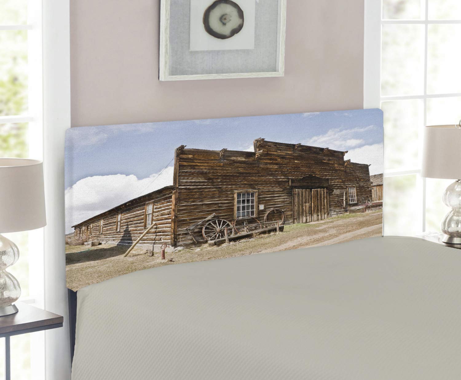 Ambesonne Barn Wood Wagon Wheel Headboard - Twin Size Upholstered Decorative Metal Bed Frame with Memory Foam in Sand Brown & Pale Blue | Western Ghost Town Theme | Perfect for Rustic Bedroom Decor, Farmhouse Style Homes, and Cowboy Themed Rooms