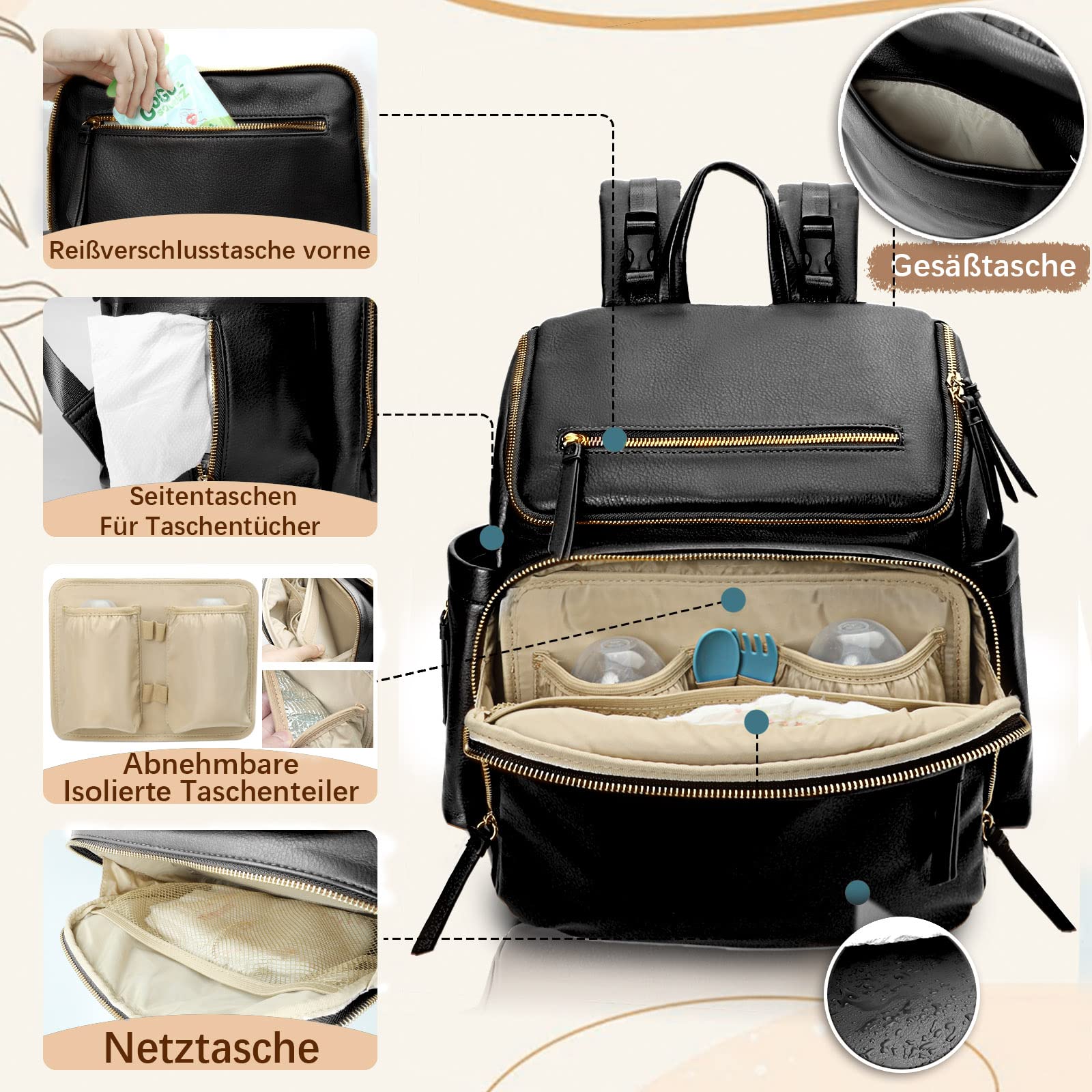 MISS FONG Multifunctional Baby Changing Backpack - Premium Leather Diaper Bag with 19 Pockets, Organizer, Changing Mat & Stroller Hook - Perfect for Travel, Outings & Parenting On-The-Go