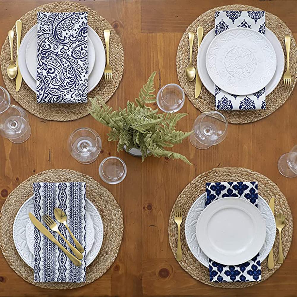 4-Piece Round Woven Placemats Set - 13 Inch Natural Wicker & Water Hyacinth Braided Table Mats - Rustic Rattan Chargers for Dining Table Decor - Perfect for Farmhouse, Boho, and Coastal Home Styling