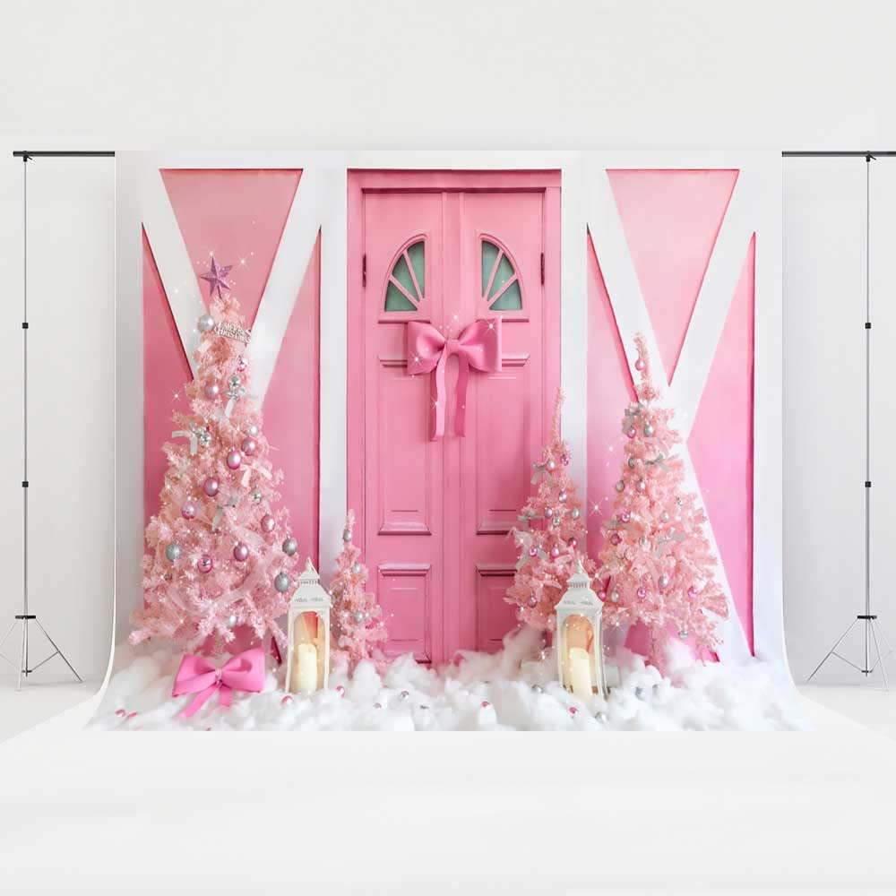 8x6ft Pink Christmas Backdrop with Princess Door & Xmas Tree - High Resolution Printed Photo Studio Background for Holiday Videos, Parties & Social Media Content Creation