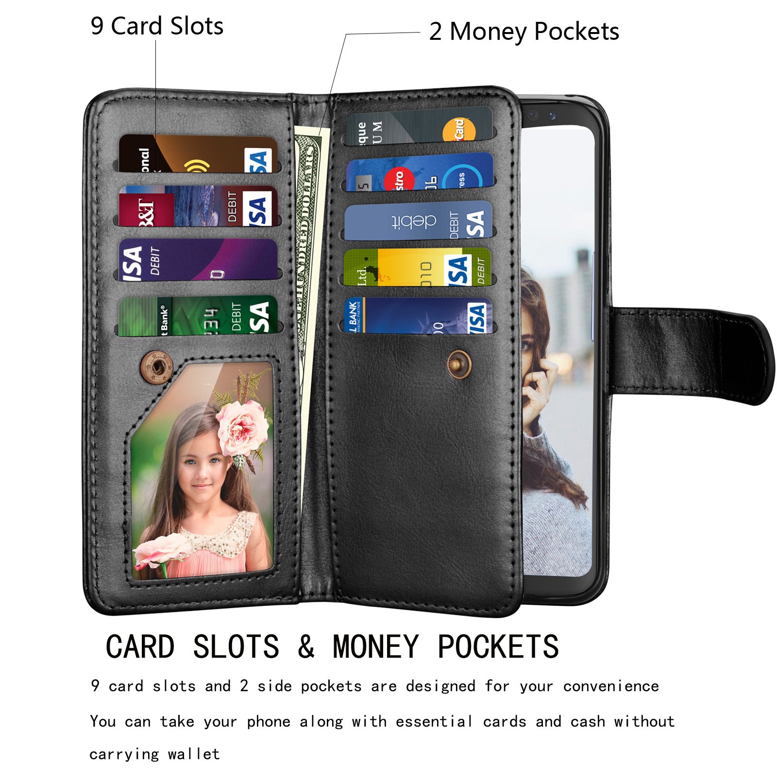 Premium PU Leather Wallet Case for Samsung Galaxy S8 Plus - 9 Card Slots, Detachable Magnetic Flip Cover with Kickstand & Wrist Strap | Perfect for Business, Travel & Everyday Protection (Black)