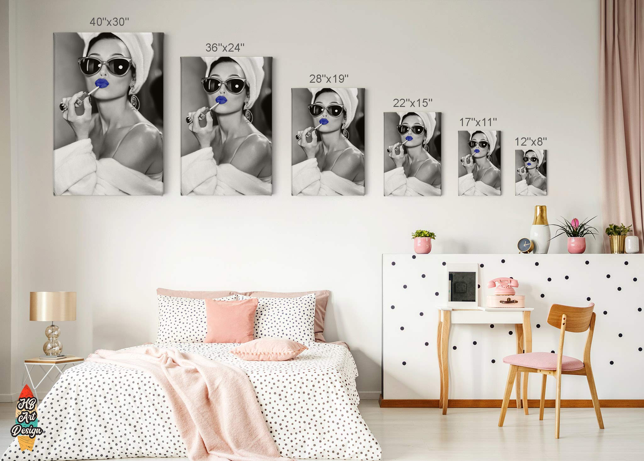 Audrey Hepburn Style Blue Lips Canvas Print - Pop Art Wall Decor for Bedroom, Vanity & Makeup Room | 36x24 Inch Fashion Artwork, Unique Gift for Women