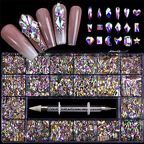 VERONNI Professional AB Crystal Rhinestones with Wax Pen - Multi Shapes & Sizes Glass Gems for Nail Art, Crafts - Includes Storage Box - Perfect for DIY Manicures, Wedding Nails & Salon Designs