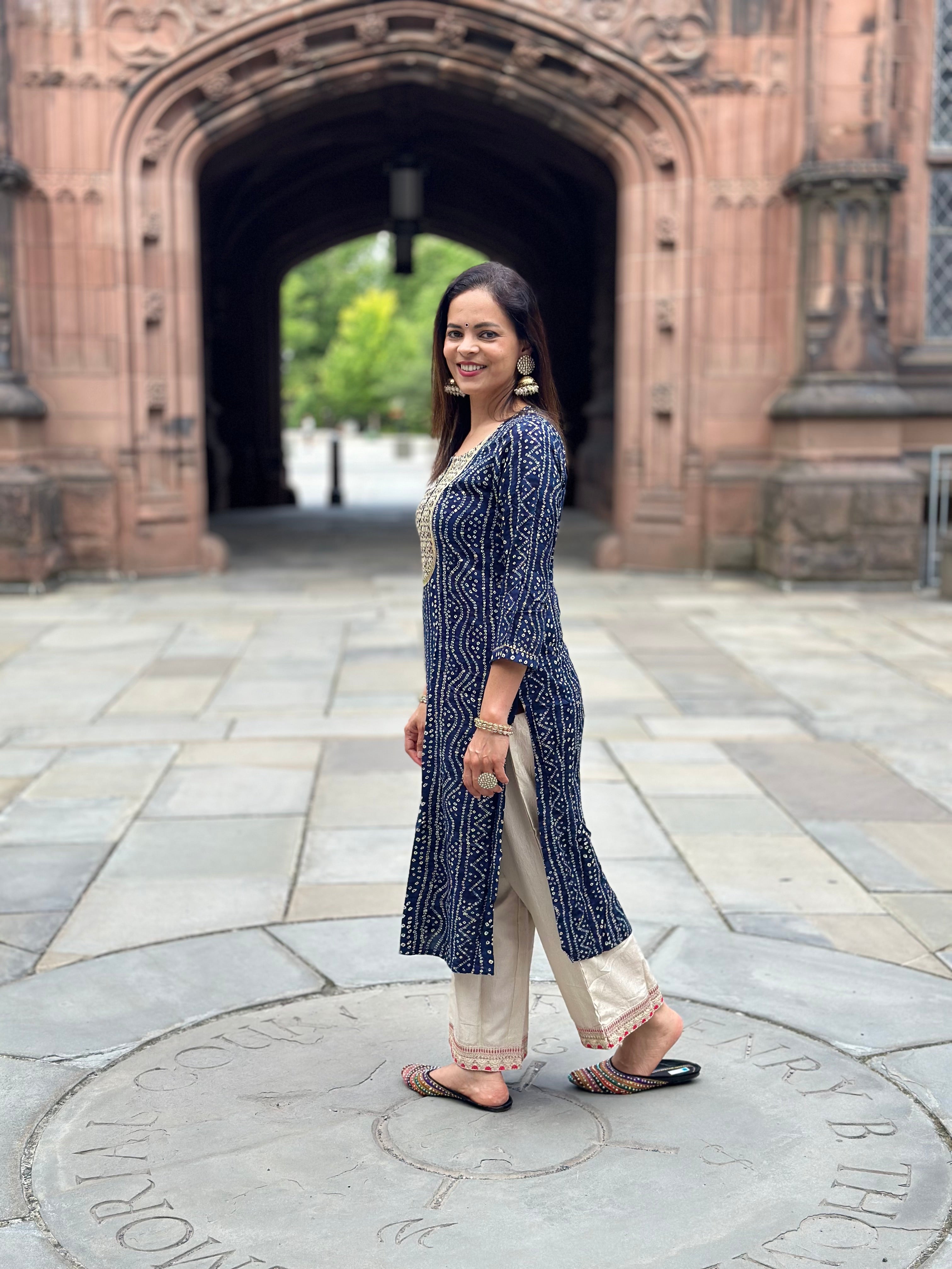 Navy Blue Viscose Rayon Bandhani Embroidered Straight Kurta for Women | Traditional Indian Ethnic Wear | Perfect for Festivals, Weddings & Casual Outings