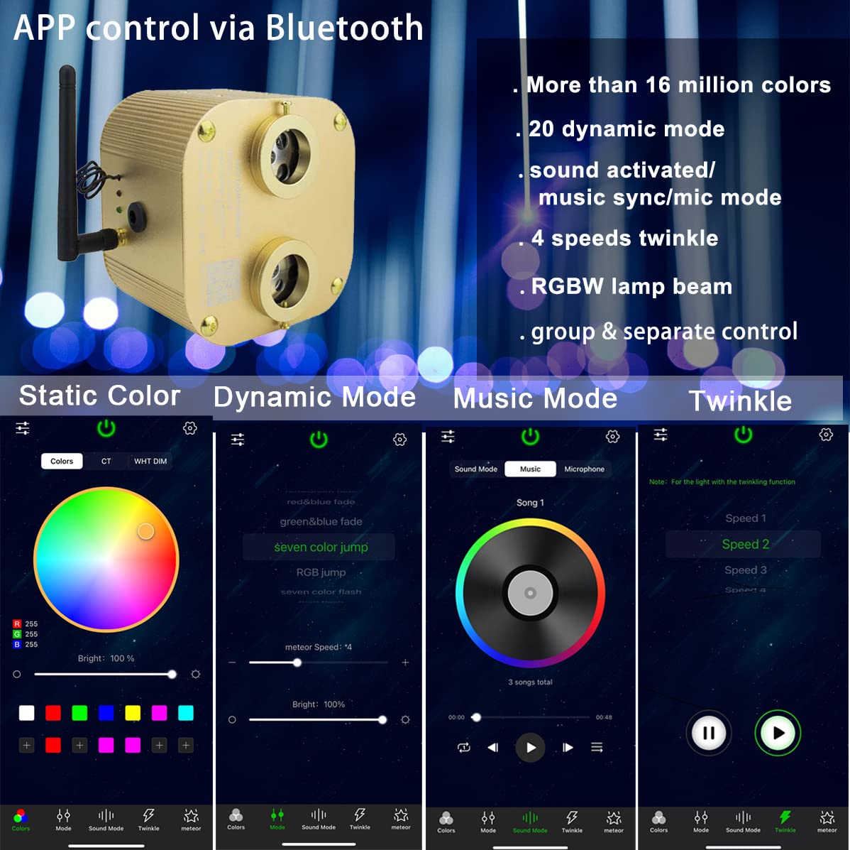 AZIMOM Bluetooth 20W Fiber Optic Star Ceiling Light Kit - 700pcs 0.03in x 9.8ft RGBW LED Strands with Remote & Sound Control for Home, Bedroom, Car Interior Decor | Create Starlit Ambiance for Parties, Relaxation & Romantic Nights