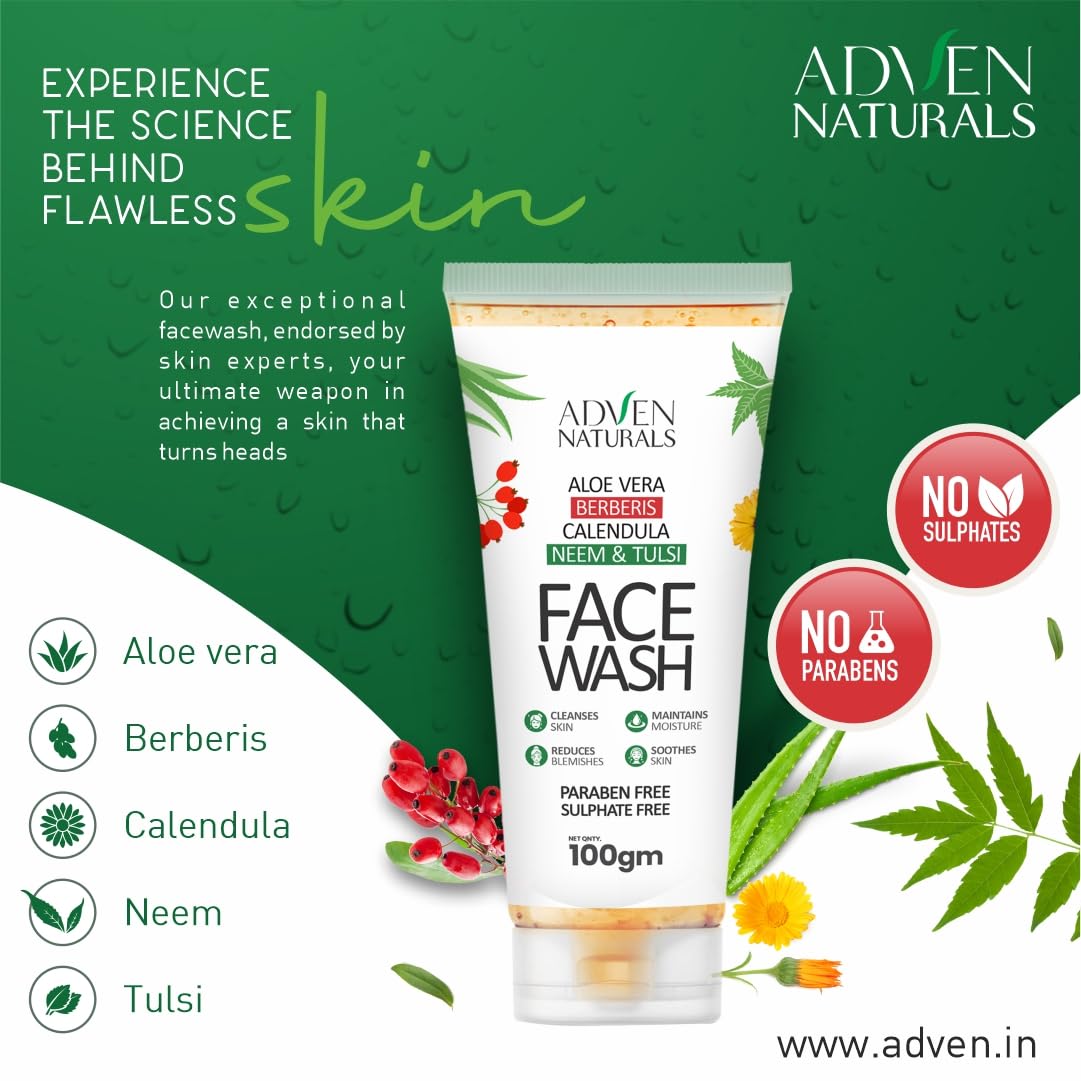 ADVEN NATURALS Face Wash with Aloe Vera, Berberis, Calendula, Neem & Tulsi - Paraben & Sulfate Free - Pack of 2 (100GMx2) - Gentle Cleansing for Acne-Prone & Sensitive Skin - Daily Skincare Routine