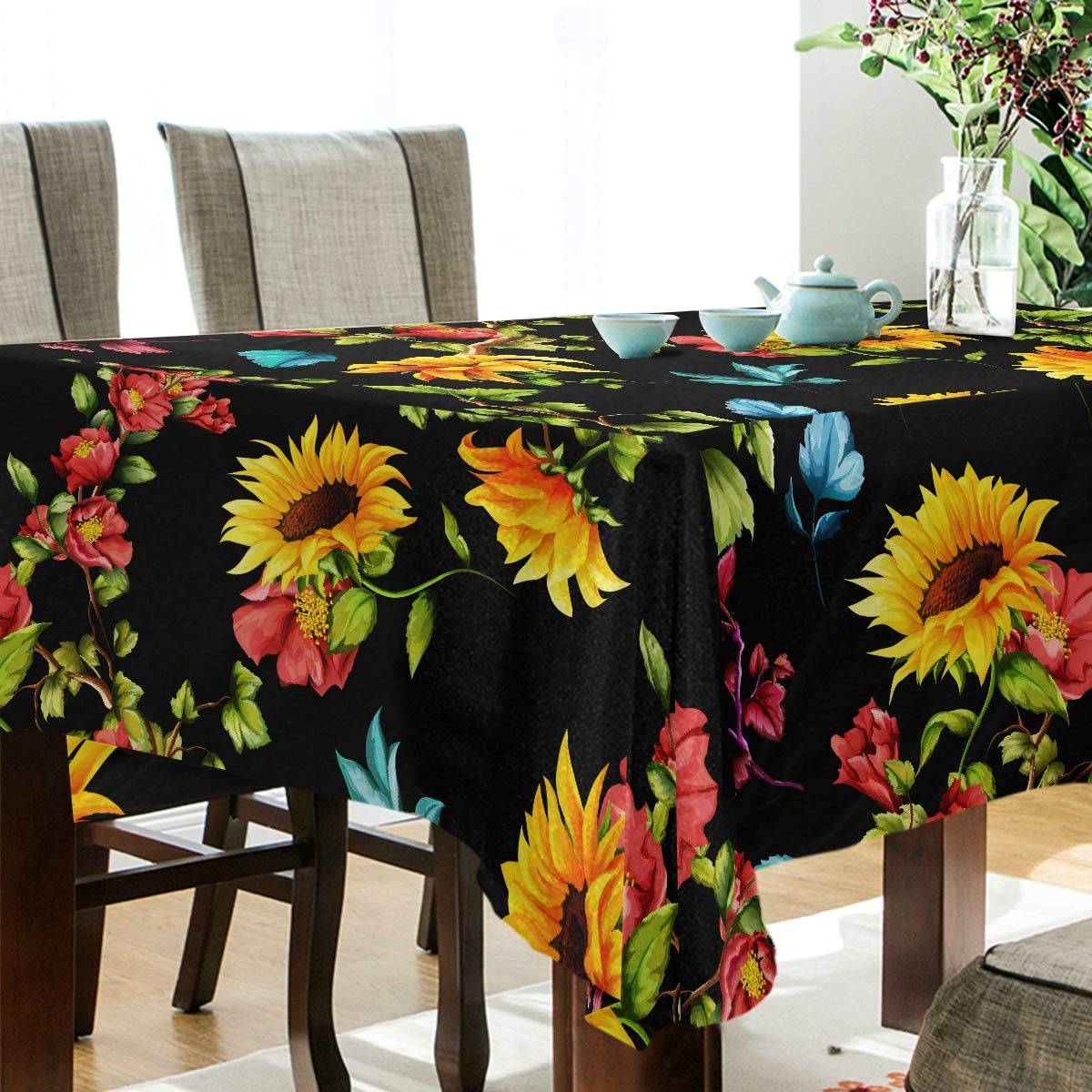 Sunflower & Pomegranate Print Tablecloth - 60x108 Inch Rectangle Table Cover for Outdoor Dining, Weddings & Parties - Waterproof Table Protector for Patio, Picnic & Home Decor