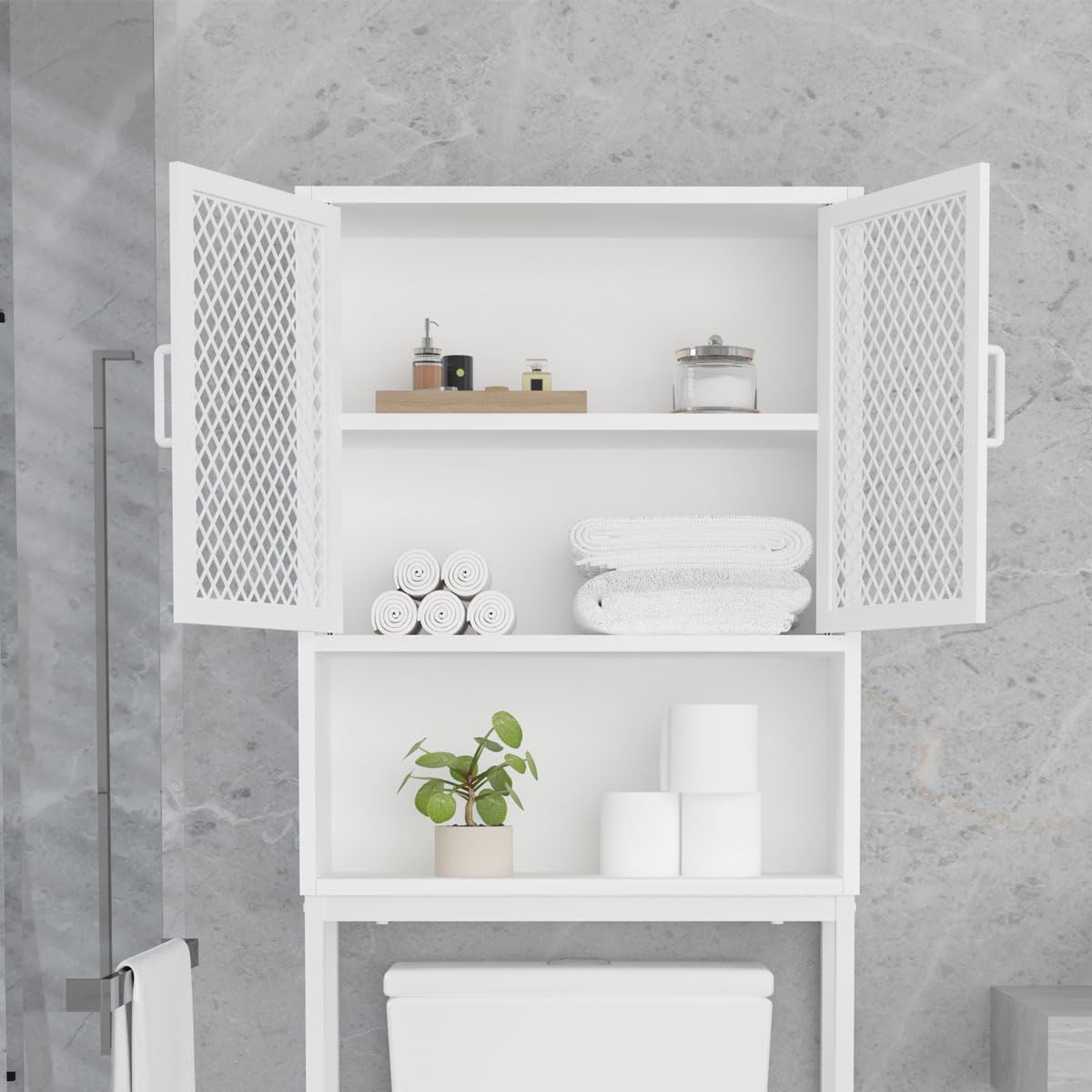 Over The Toilet Storage Cabinet - Industrial Bathroom Organizer with Rack | Freestanding Space Saving Shelf for Bathroom | White Oak Wood & Metal Design | Perfect for Small Bathrooms, Apartments & Dorm Rooms
